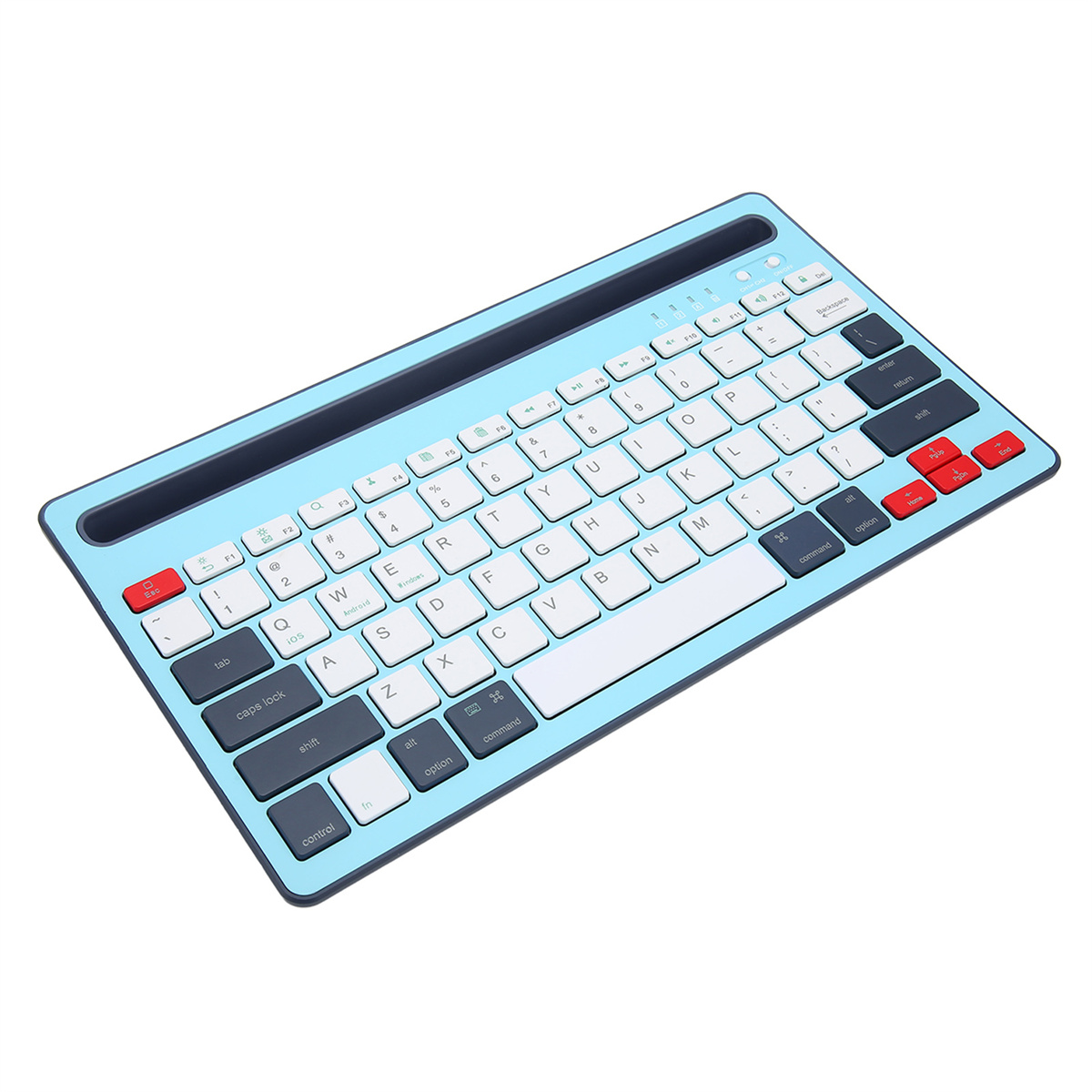 Eine blaue Tastatur mit weißen Tasten und roten Akzenten auf weißem Untergrund.
