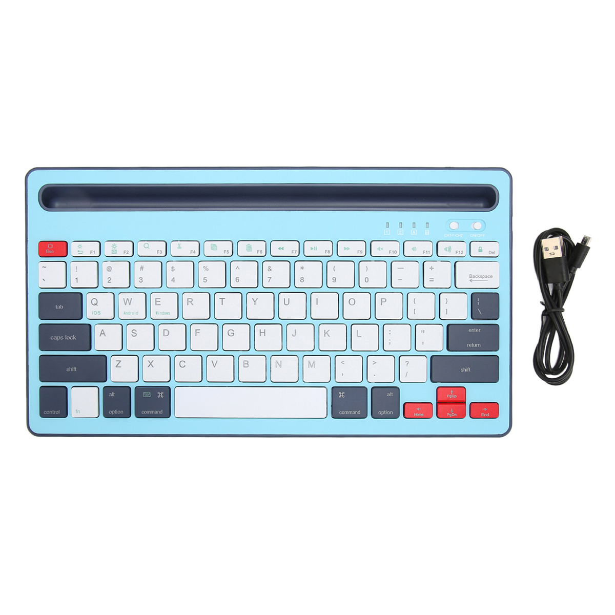 Eine blaue Tastatur mit weißen und schwarzen Tasten und einem USB-Kabel. Sie hat eine Einschalttaste.