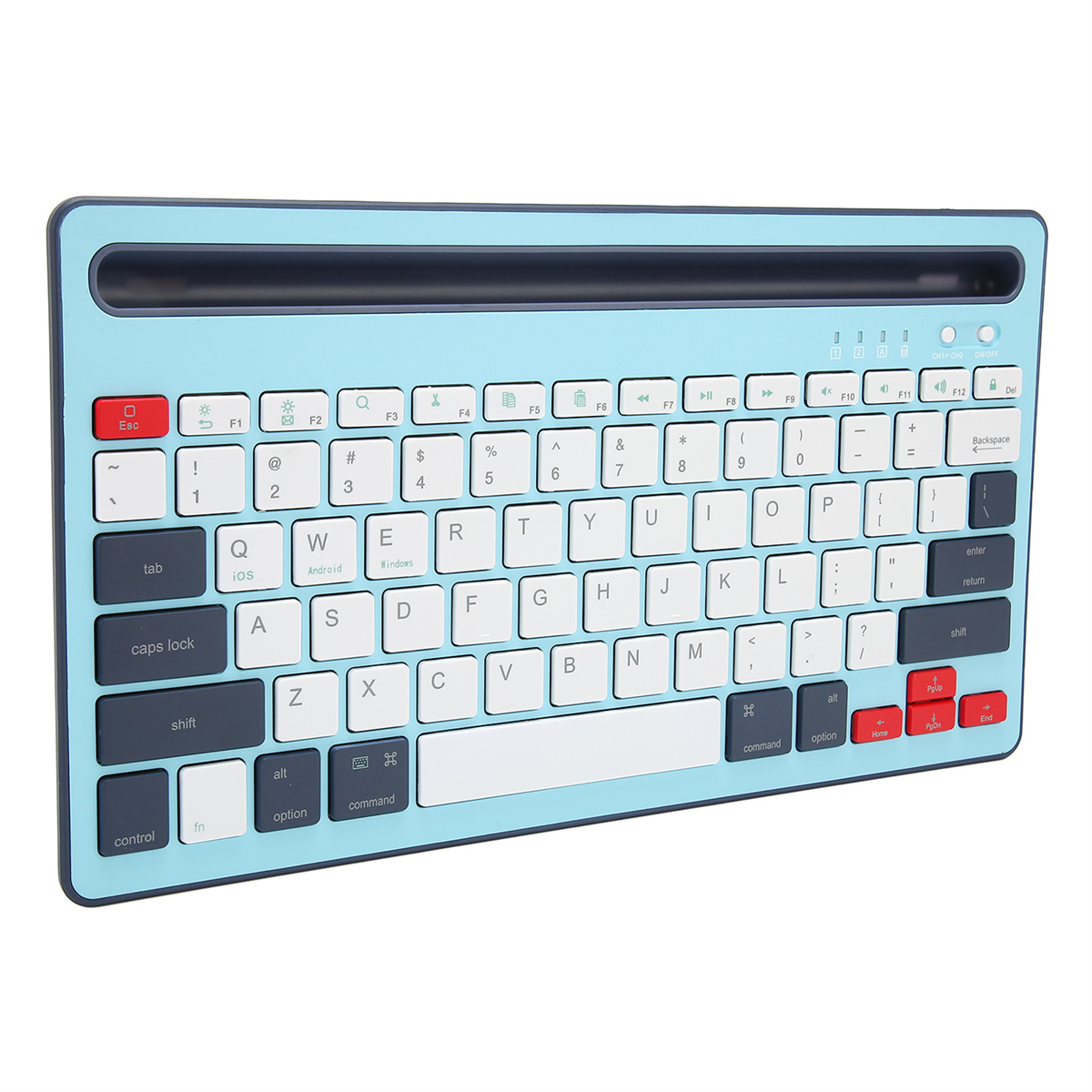 Blaue Tastatur mit weißen und grauen Tasten, mit hellblauem Rahmen und roter Escape-Taste.