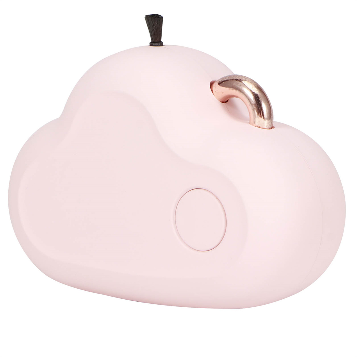 Ein rosa wolkenförmiger Luftbefeuchter mit Griff, isoliert auf Weiß.