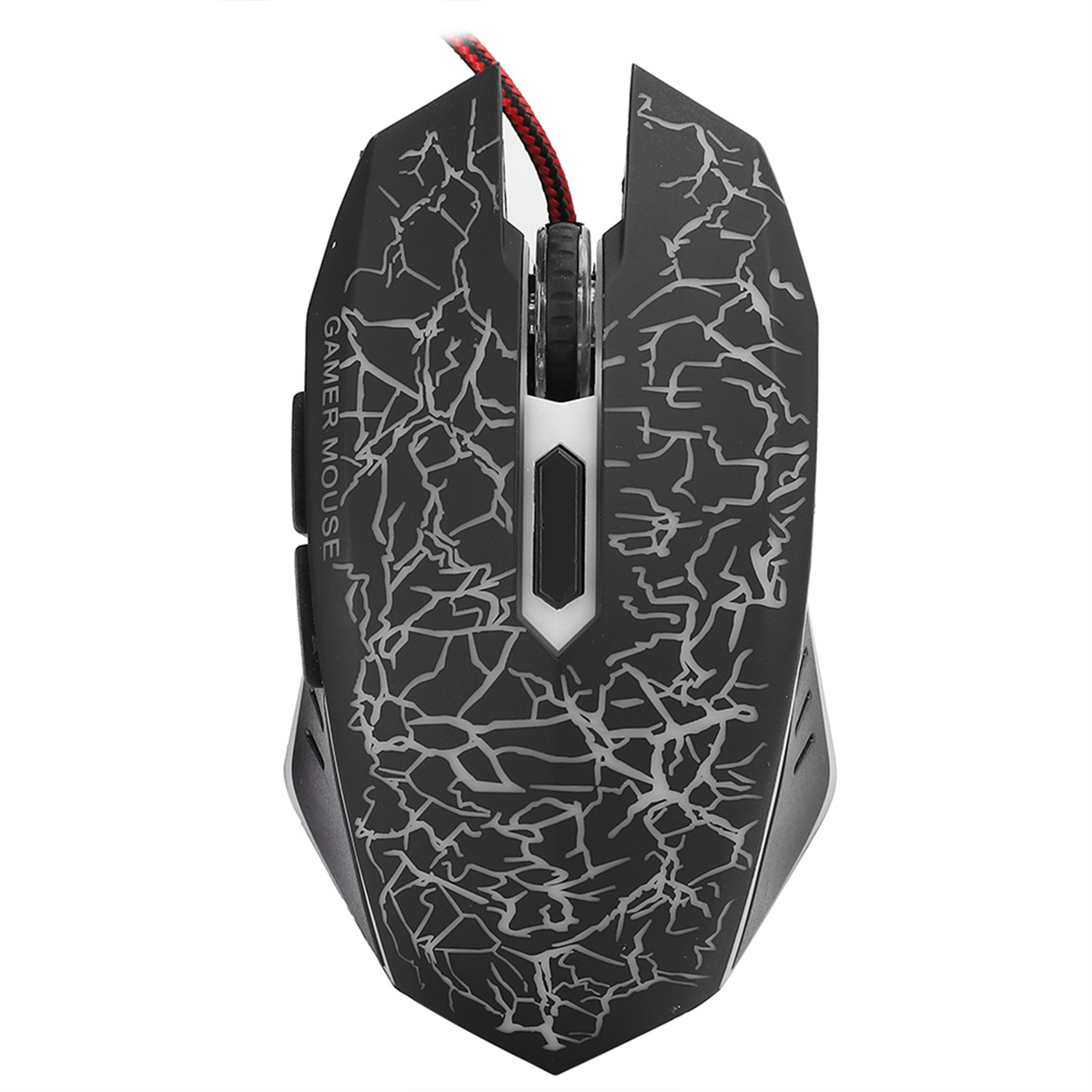 Schwarze Gaming-Maus mit rotem Kabel. Sie hat ein strukturiertes Muster auf der Oberfläche.