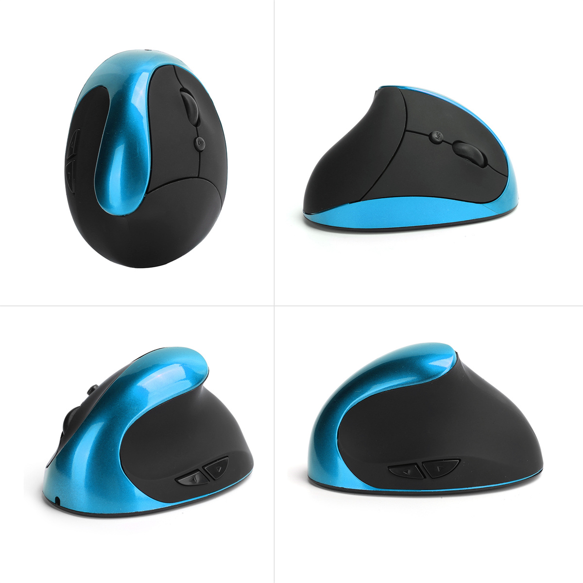 Ergonomische blaue und schwarze Maus. Mehrere Ansichten: oben, Seite und schräg.