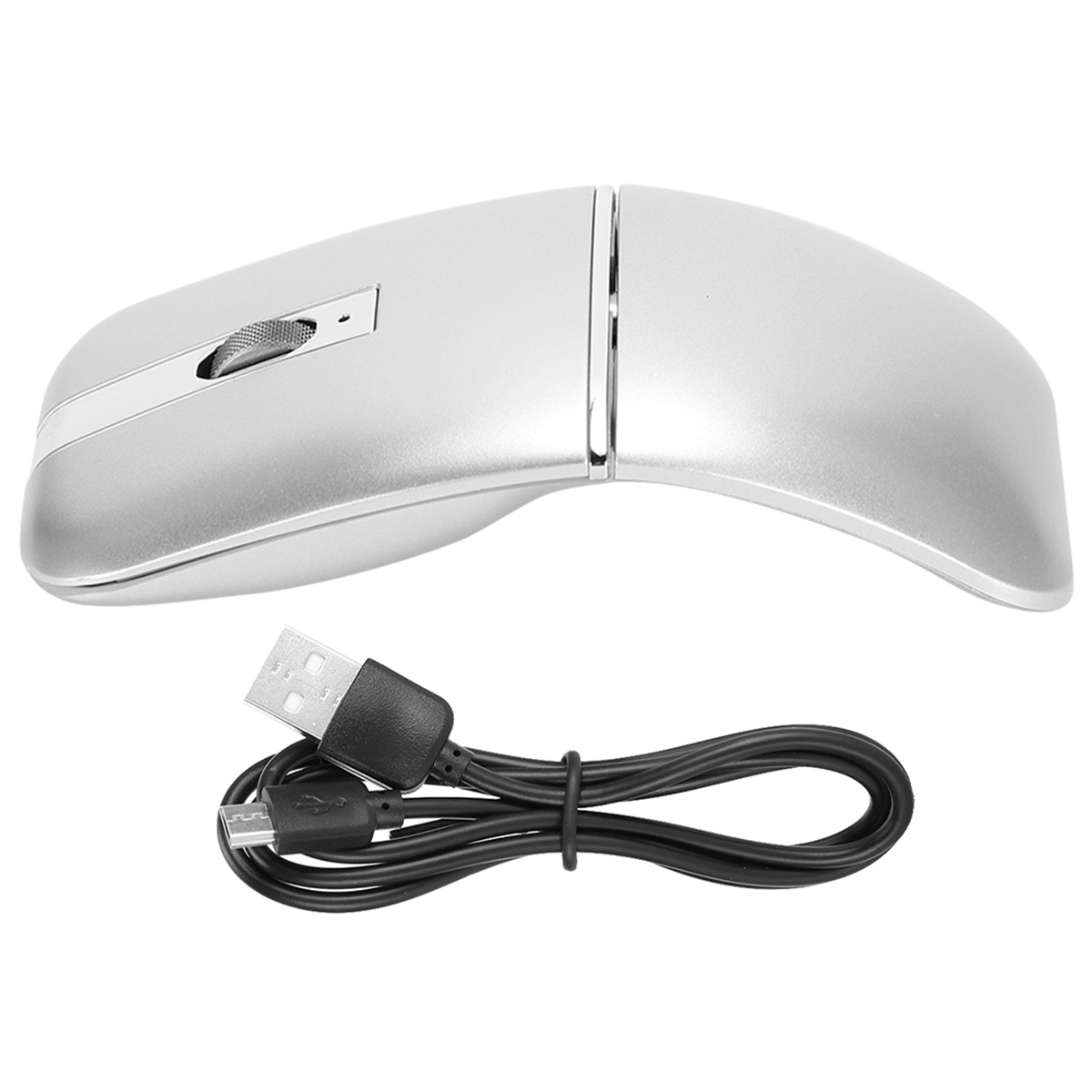 Eine silberne kabellose Maus mit Scrollrad und USB-Kabel auf weißem Untergrund.
