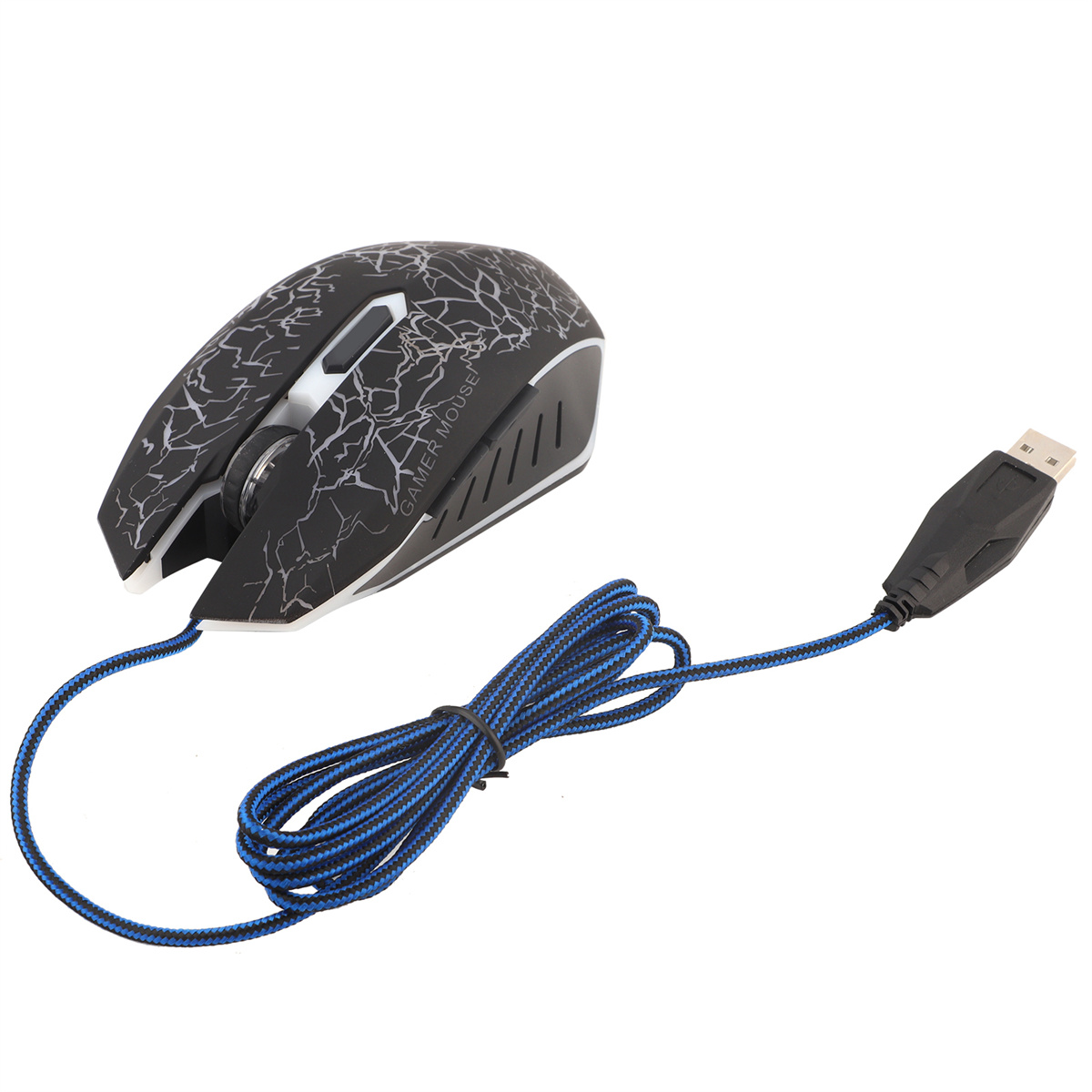Schwarze Gaming-Maus mit blauem geflochtenem Kabel und USB-Anschluss auf weißem Hintergrund.