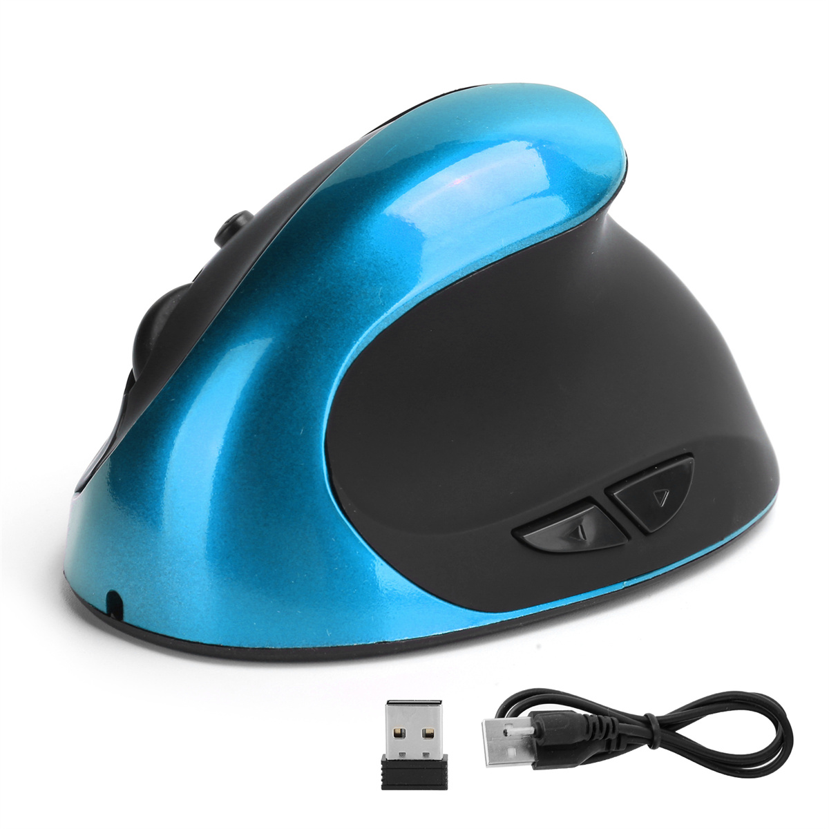 Ergonomische vertikale Maus, blau und schwarz, mit zwei Tasten und USB-Empfänger.