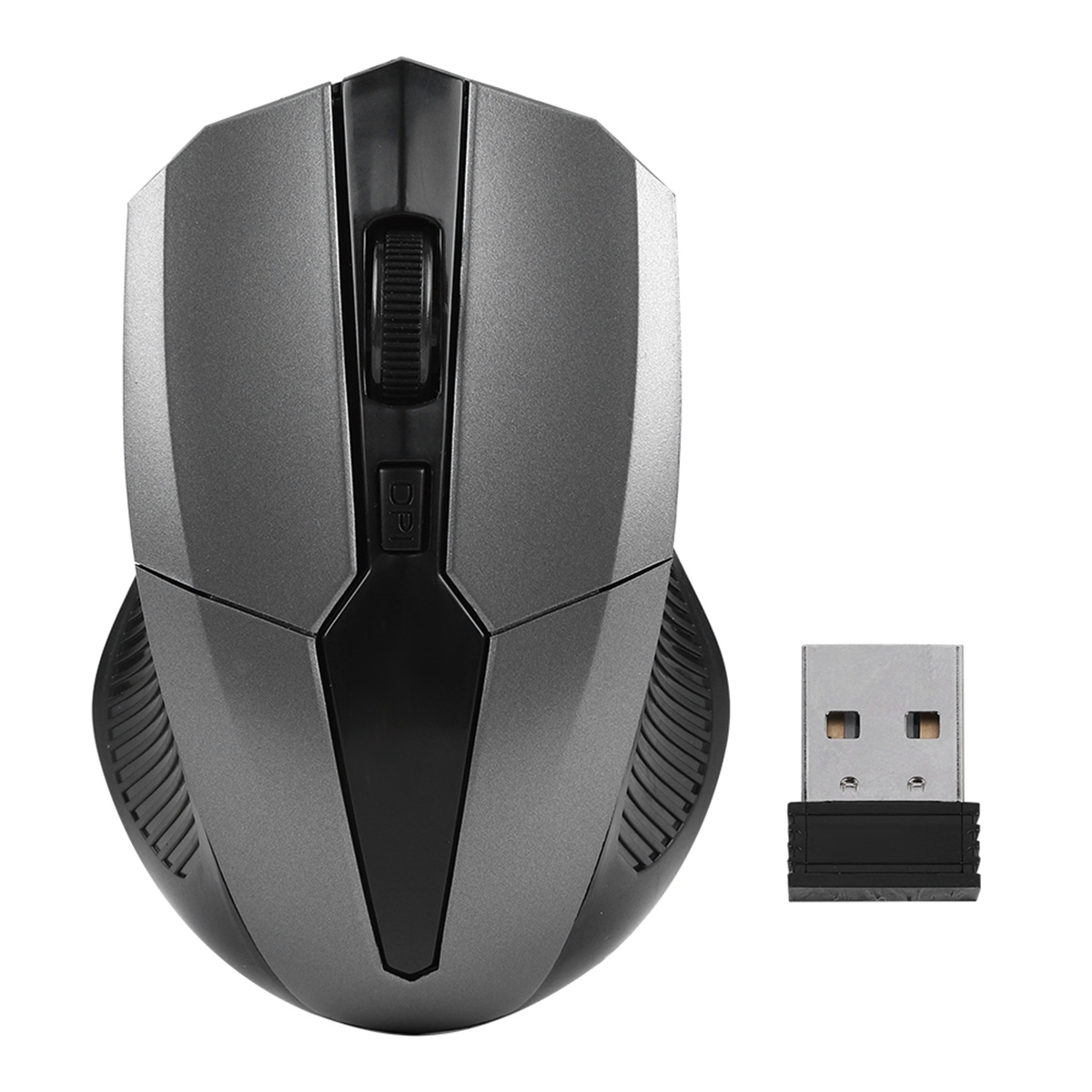Eine grau-schwarze Computermaus mit USB-Empfänger.