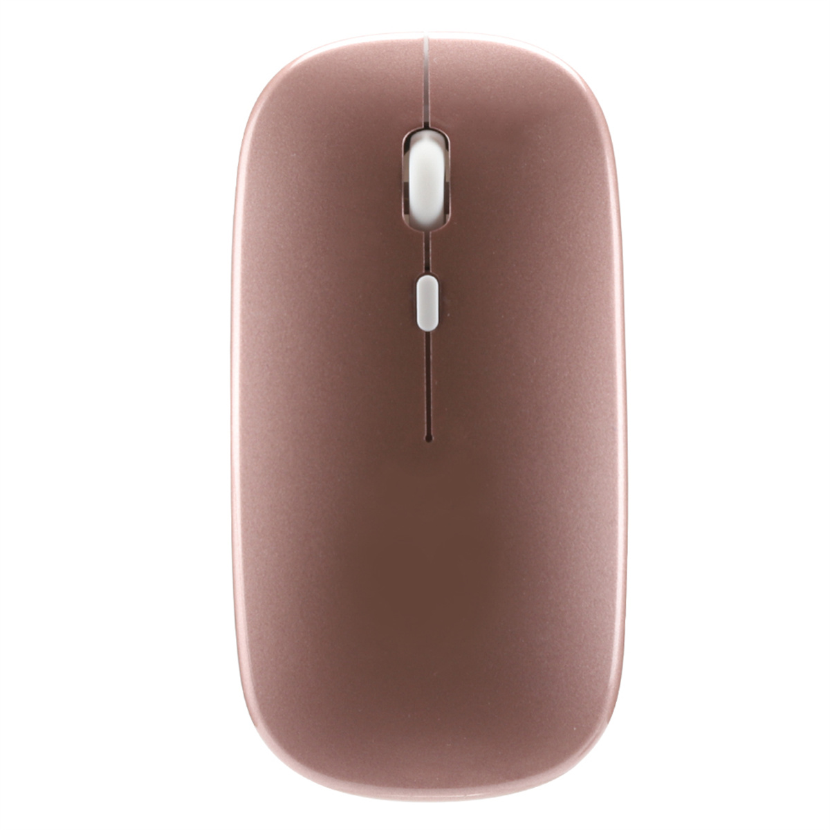 Eine roségoldene Computermaus auf weißem Hintergrund. Sie hat ein Scrollrad und zwei Tasten.