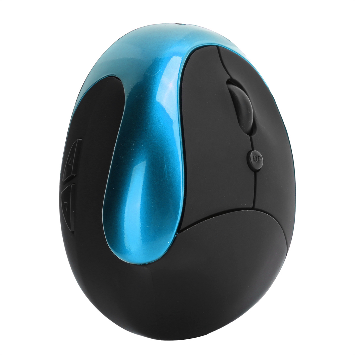 Ergonomische Computermaus, schwarz und blau. Weißer Hintergrund.