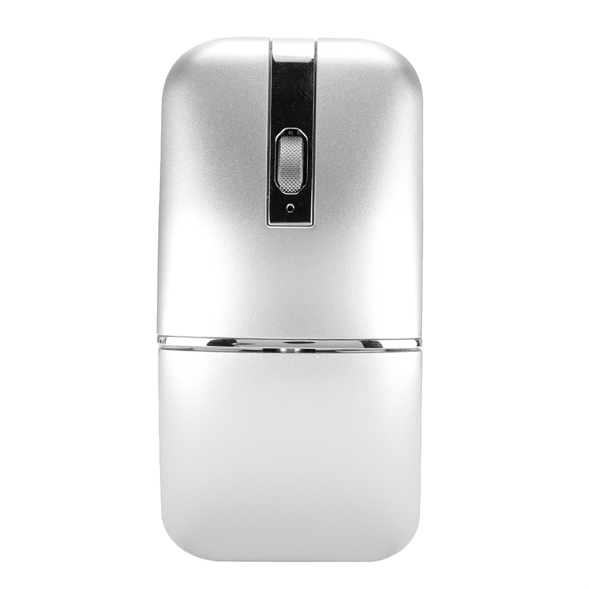 Silberne Computermaus mit Scrollrad, schlankem Design und schlichtem, sauberem Hintergrund.