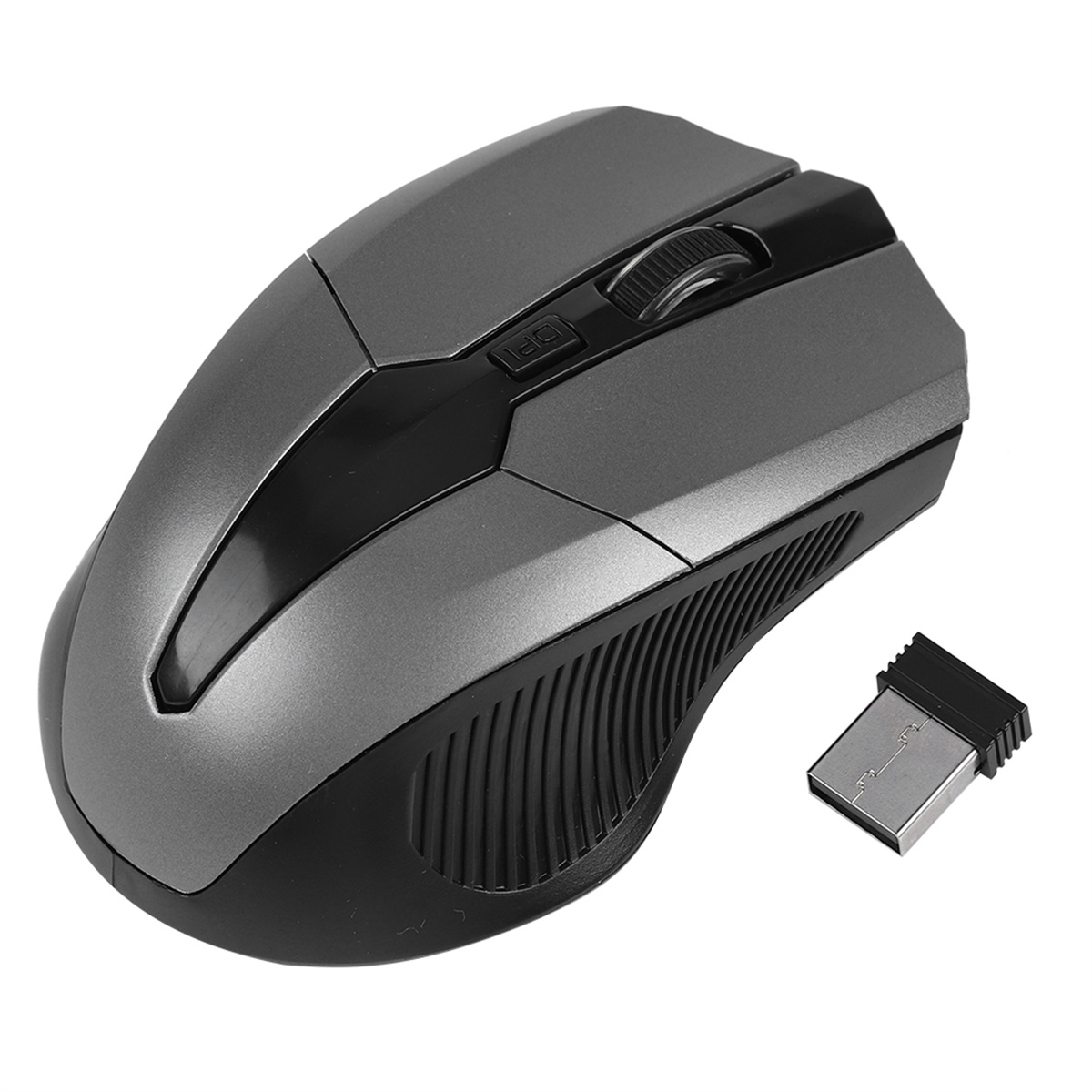 Graue kabellose Maus und ein USB-Empfänger. Die Maus hat ein Scrollrad und Tasten.