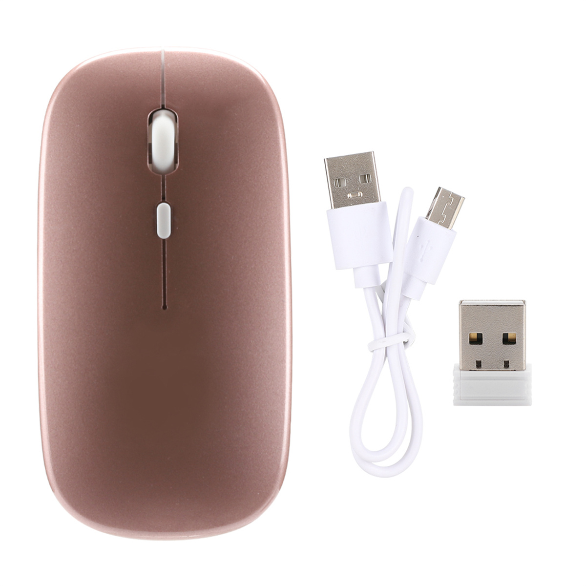 Drahtlose Maus in Roségold mit weißem Scrollrad und Tasten. Ein USB-Empfänger und ein Ladegerät daneben.