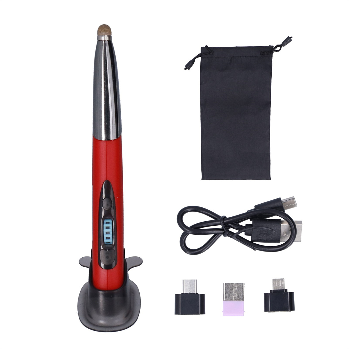 Roter und silberner digitaler Stift mit Ladestation, Kabeln und Adaptern. Ein schwarzer Beutel ist vorhanden.