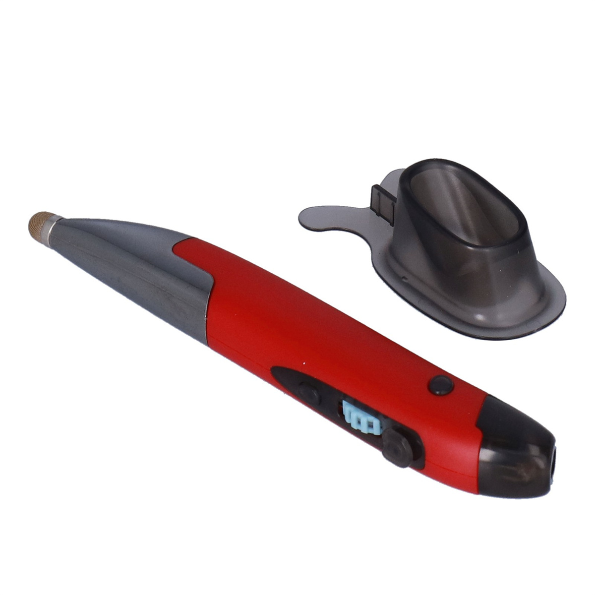 Ein roter Stift mit schwarzem Halter. Der Stift hat eine silberne Spitze und Knöpfe. Weißer Hintergrund.