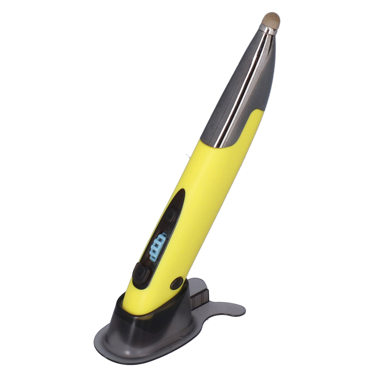 Ein gelber Stift mit silberner Spitze und einem Ständer. Er hat einen Bildschirm.