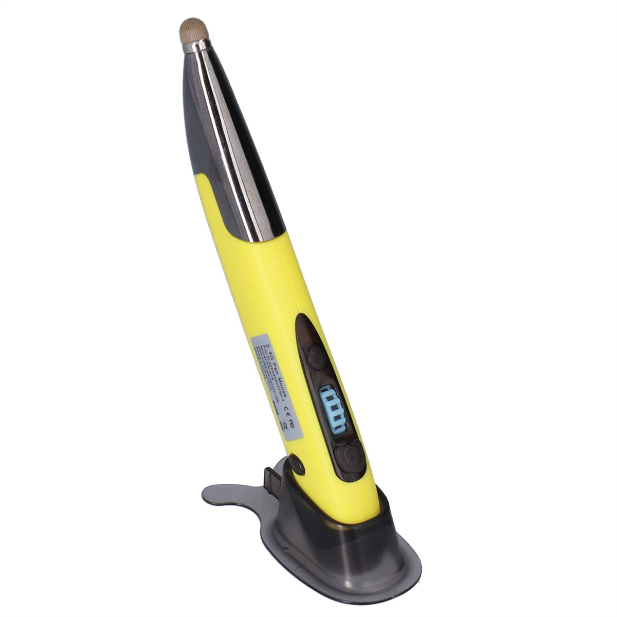 Ein gelber und silberner Stift mit Ständer. Der Stift hat eine schwarze Spitze und ein Display.