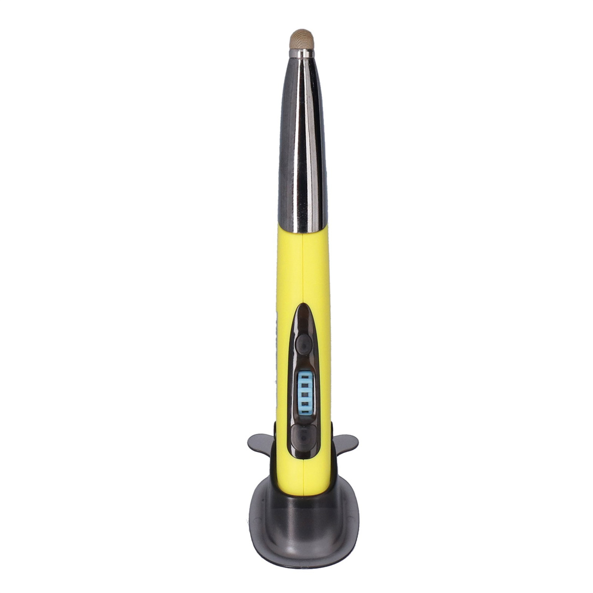Gelber Stylus-Stift mit schwarzen Akzenten und Ladestation. Stift hat kleines Digitaldisplay.