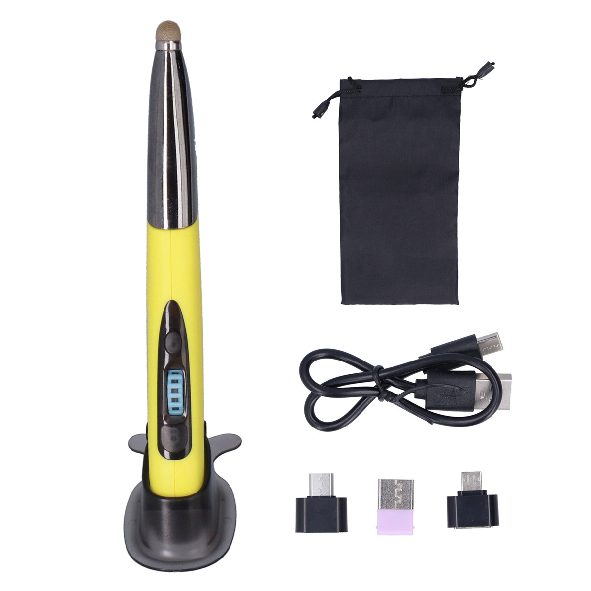 Gelber und schwarzer Eingabestift mit Zubehör. Enthält Ladegerät, USB-Kabel und Aufbewahrungstasche.
