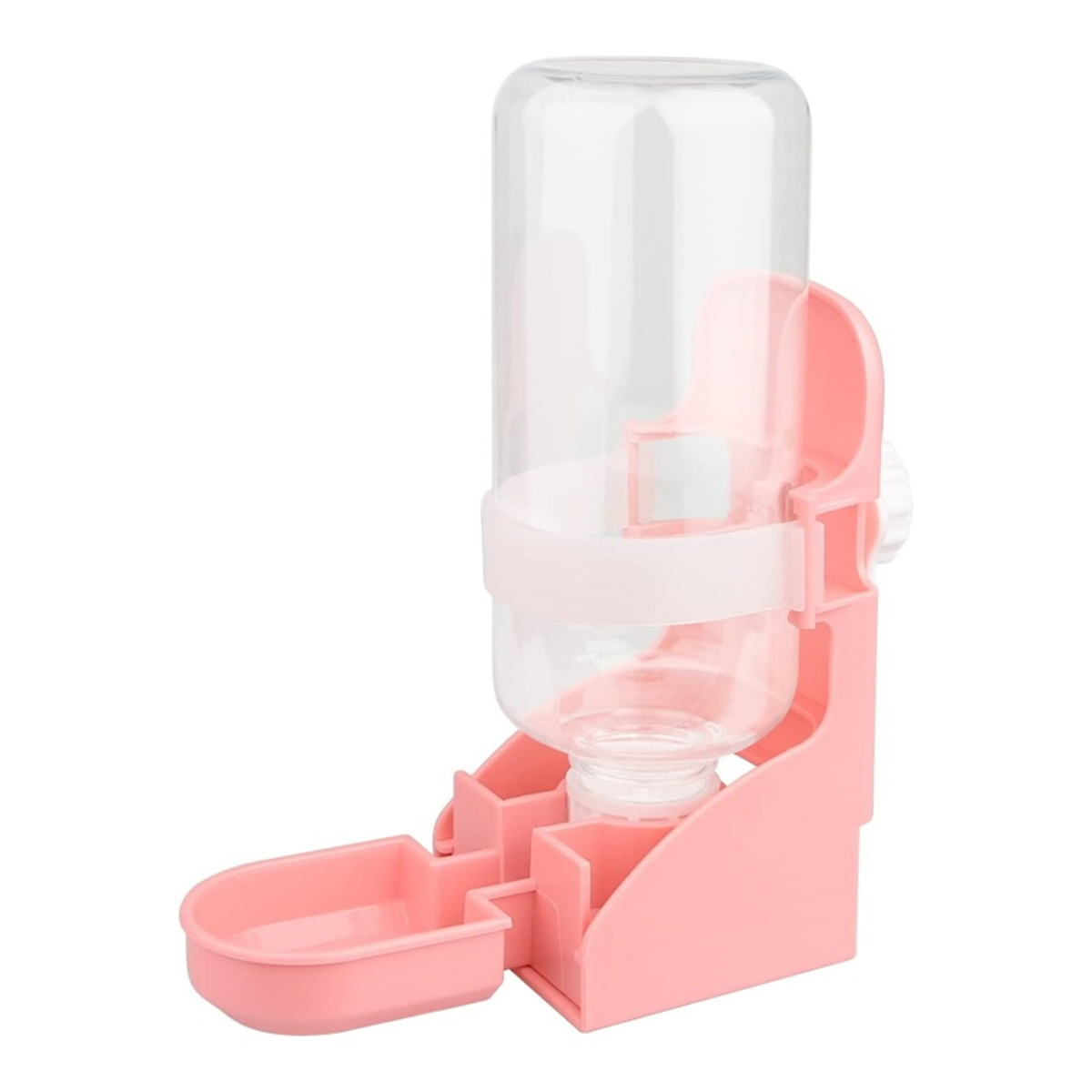 Rosa Haustier-Wasserspender. Eine klare Flasche sitzt oben auf dem rosa Spender mit einem Tablett.