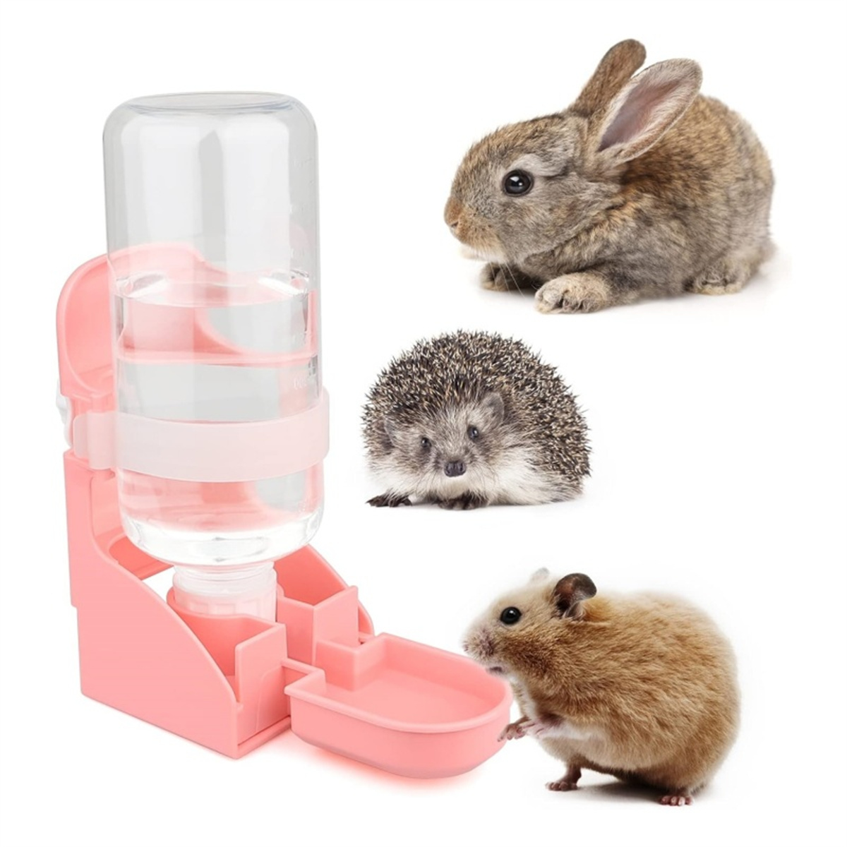 Eine rosa Haustier-Wasserflasche mit einem Kaninchen, einem Igel und einem Hamster daneben, alle freigestellt auf Weiß.