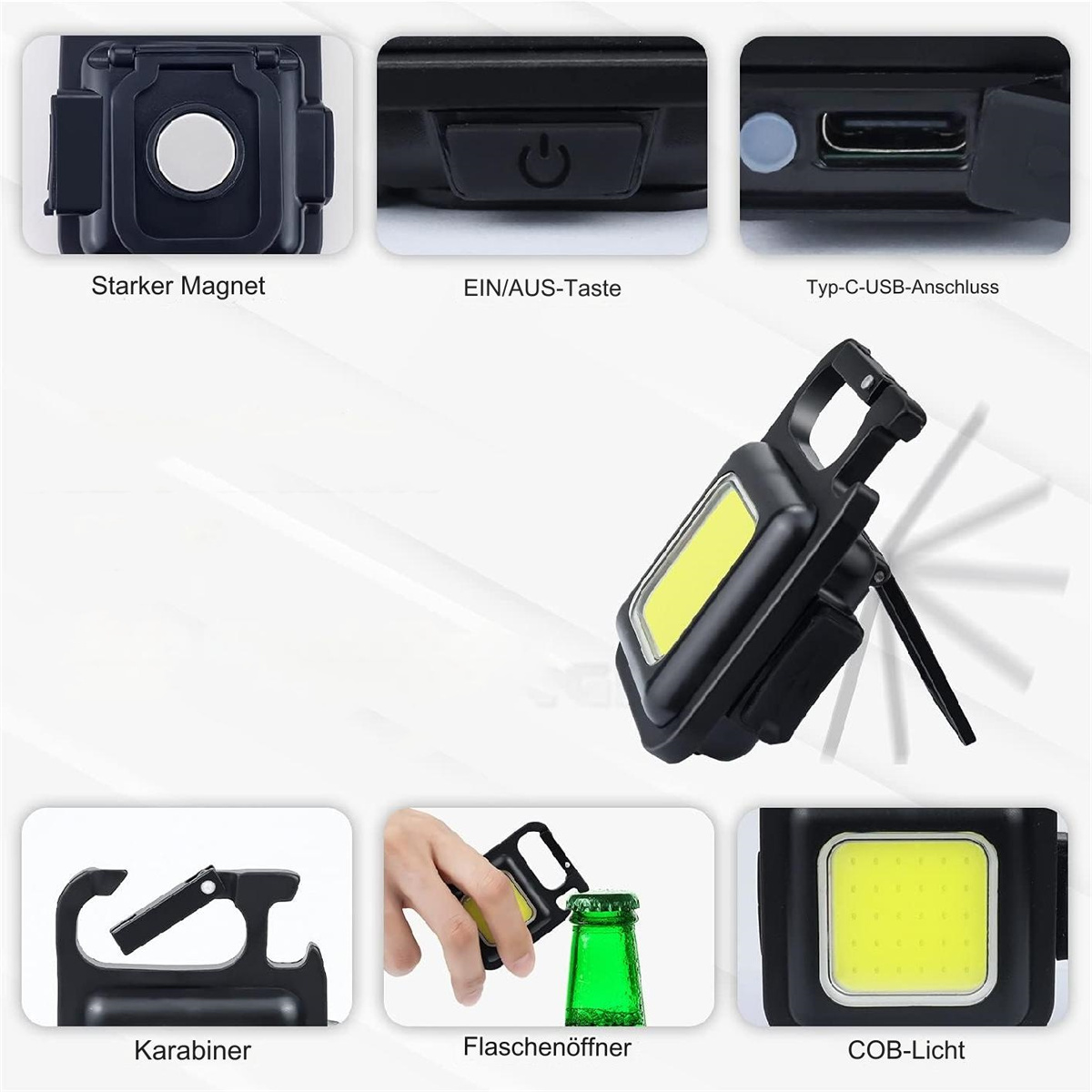 Schwarzes Multitool mit starkem Magneten, Ein-/Aus-Taste, USB-C-Anschluss, Karabiner und COB-Licht.