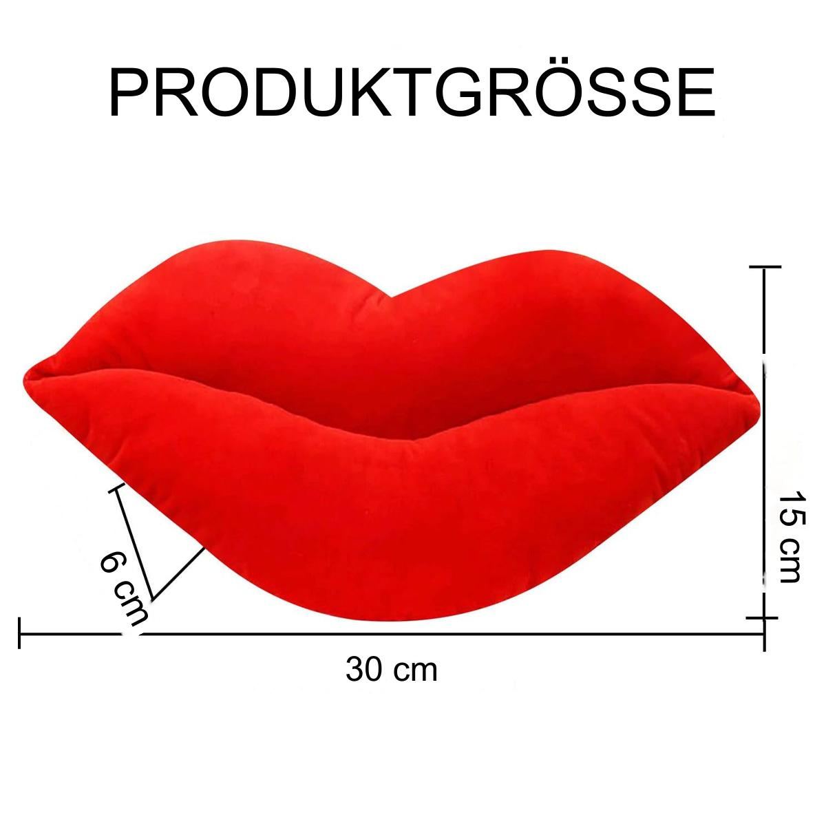 Rotes kissenförmiges Kissen mit beschrifteten Abmessungen. Text PRODUTGRÖSSE darüber.
