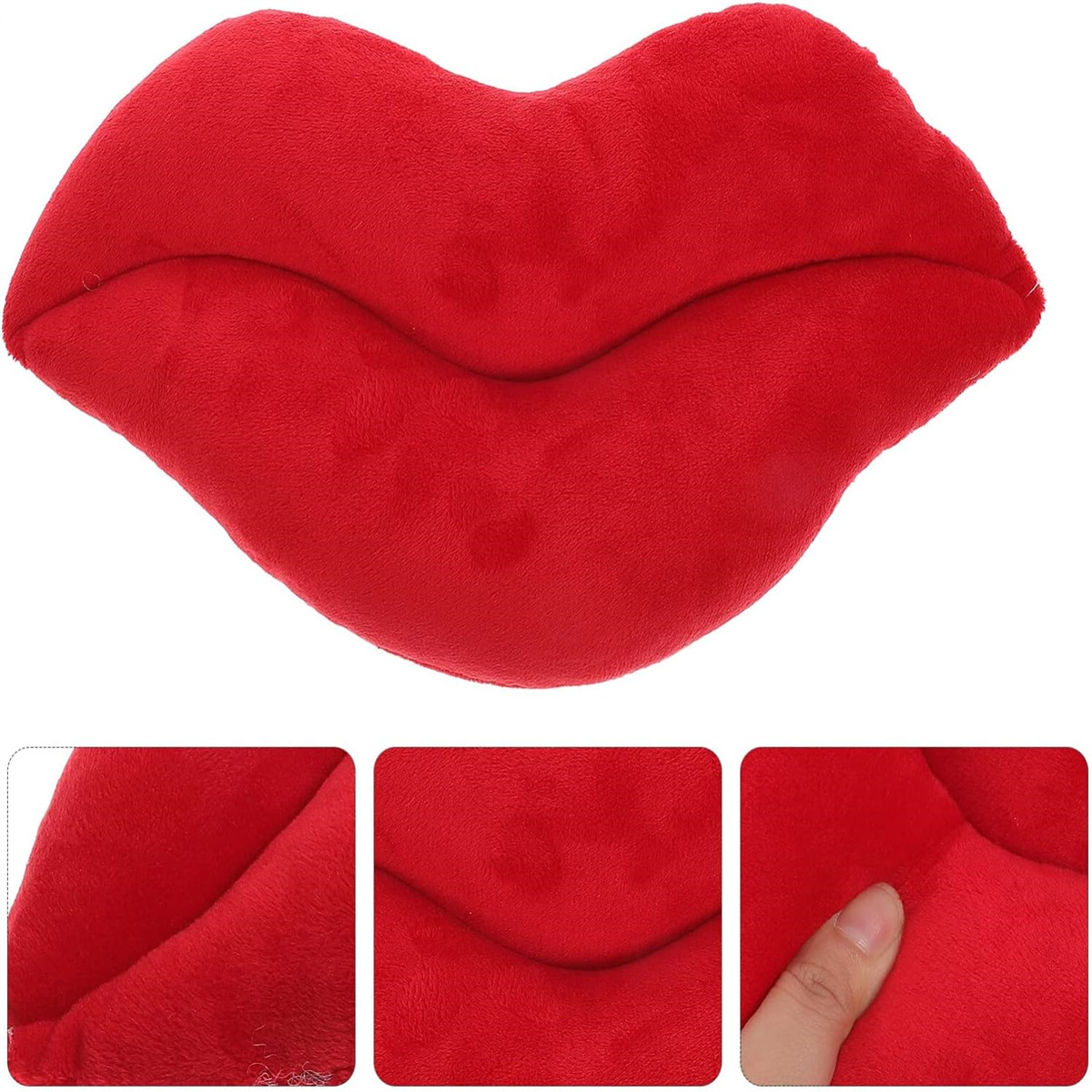 Rotes Plüsch-Lippen-Kissen. Mehrere Nahaufnahmen des Kissens. Kissen, Lippen, rot.