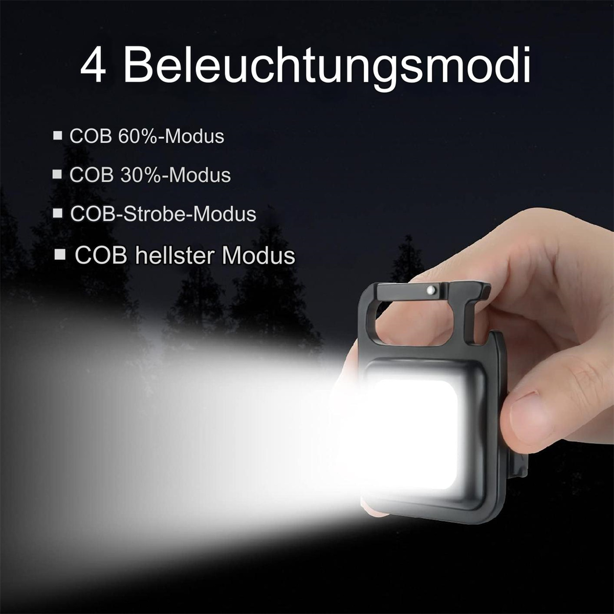 Eine kleine schwarze Taschenlampe mit einem hellweißen Lichtstrahl.