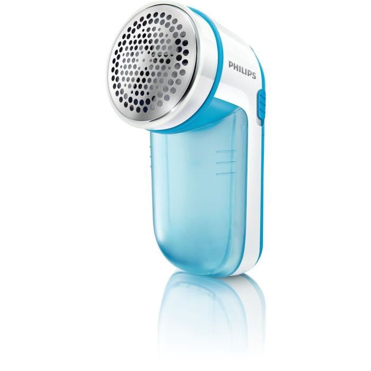 Ein blau-weißer Philips Stoffrasierer, isoliert auf weißem Hintergrund.