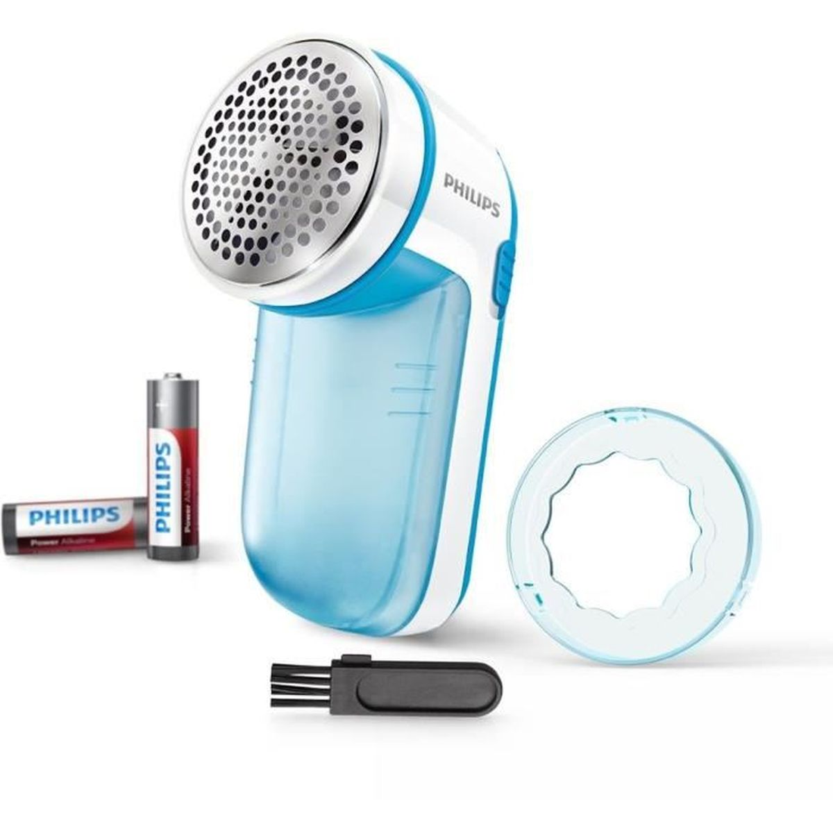 Weiß-blauer Philips Stoffrasierer mit Zubehör, einschließlich Batterien und Reinigungsbürste.
