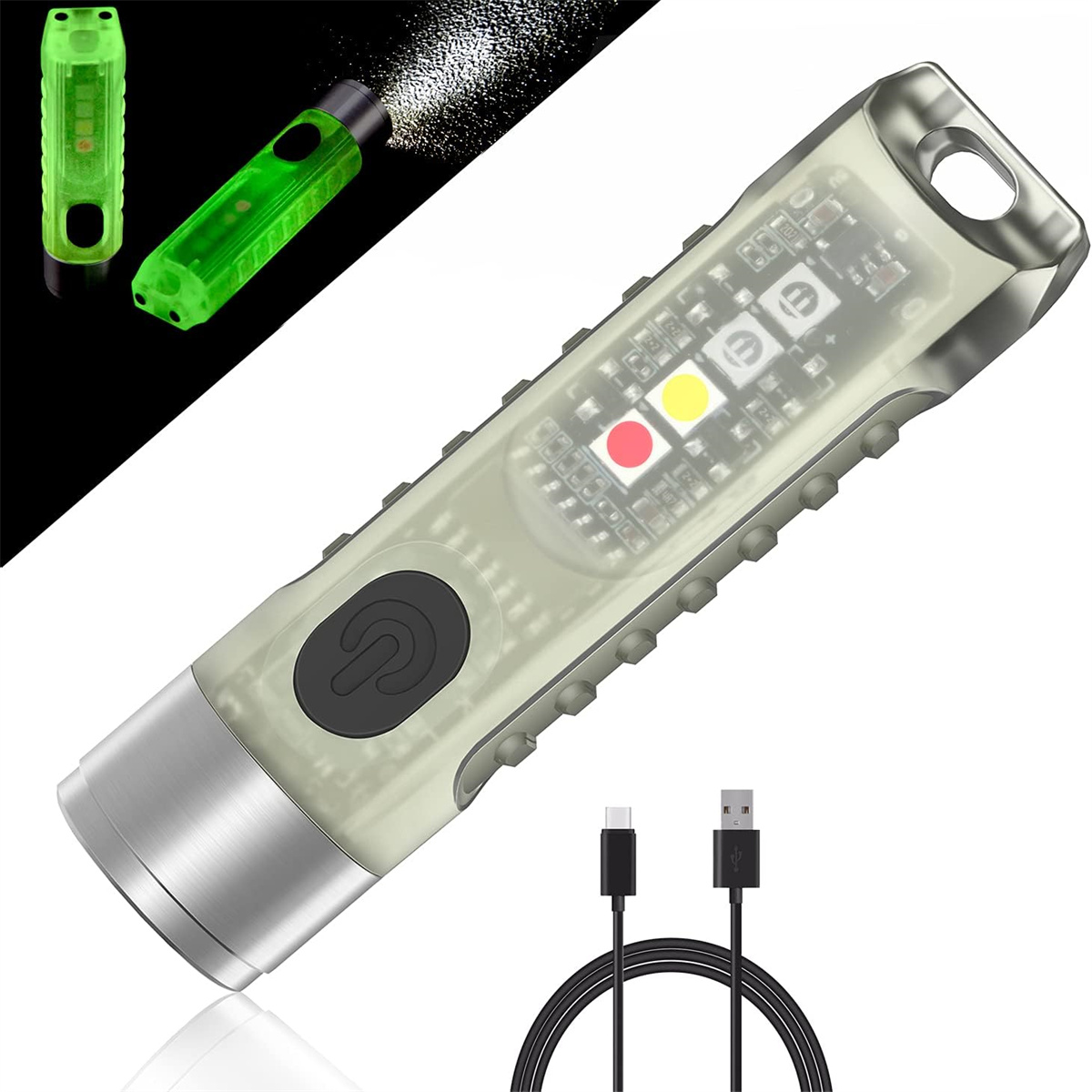 Eine transparente Taschenlampe mit mehreren LEDs und einem USB-Kabel.