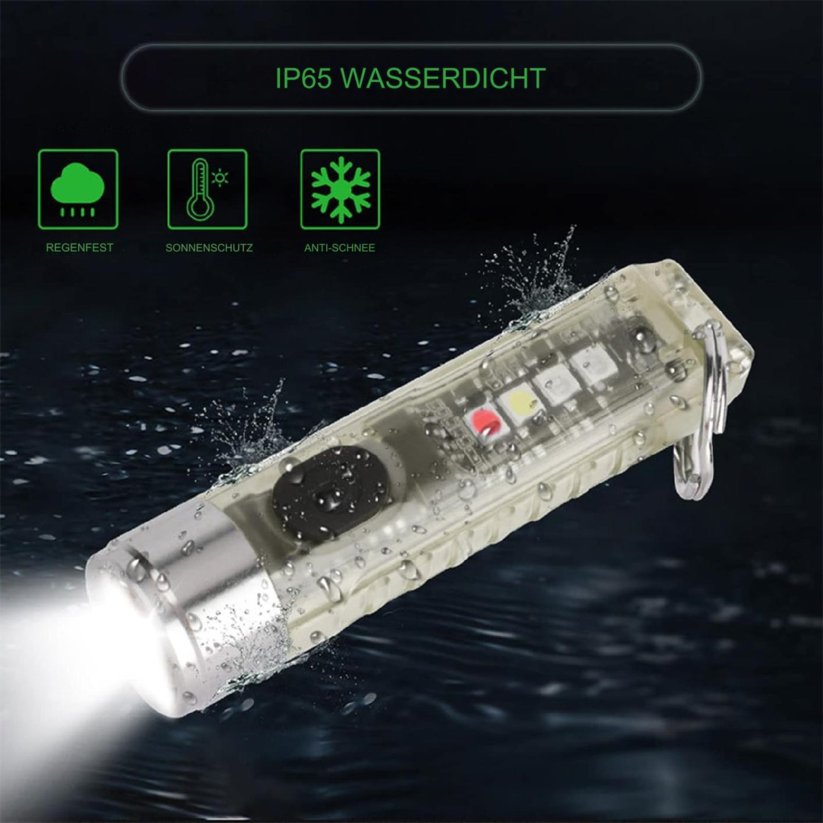 Transparente Taschenlampe mit Wassertropfen, wasserdichte Icons. Sie hat einen Haken.