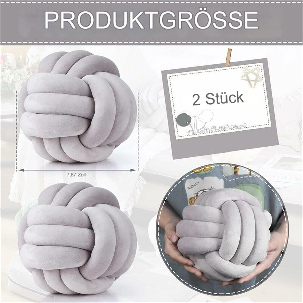 Graues, verknotetes Plüschkissen. Oben links: Produktgröße. Oben rechts: Etikett mit '2 Stück'. Unten: zwei weitere Ansichten.