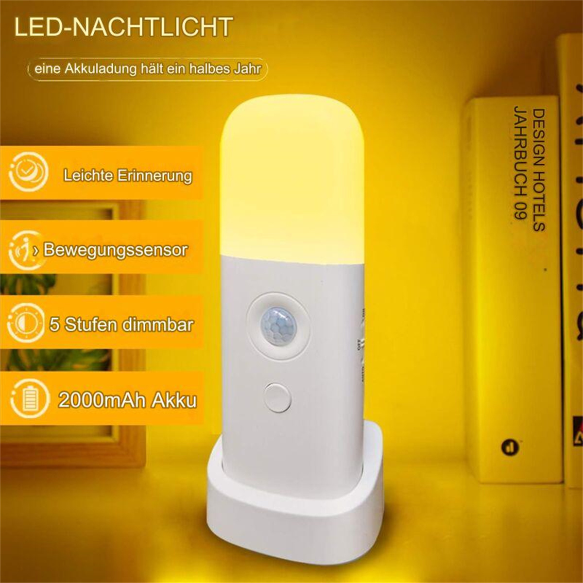 Ein weißes LED-Nachtlicht mit gelbem Schein. Es hat einen Bewegungssensor und eine Ladeanzeige.