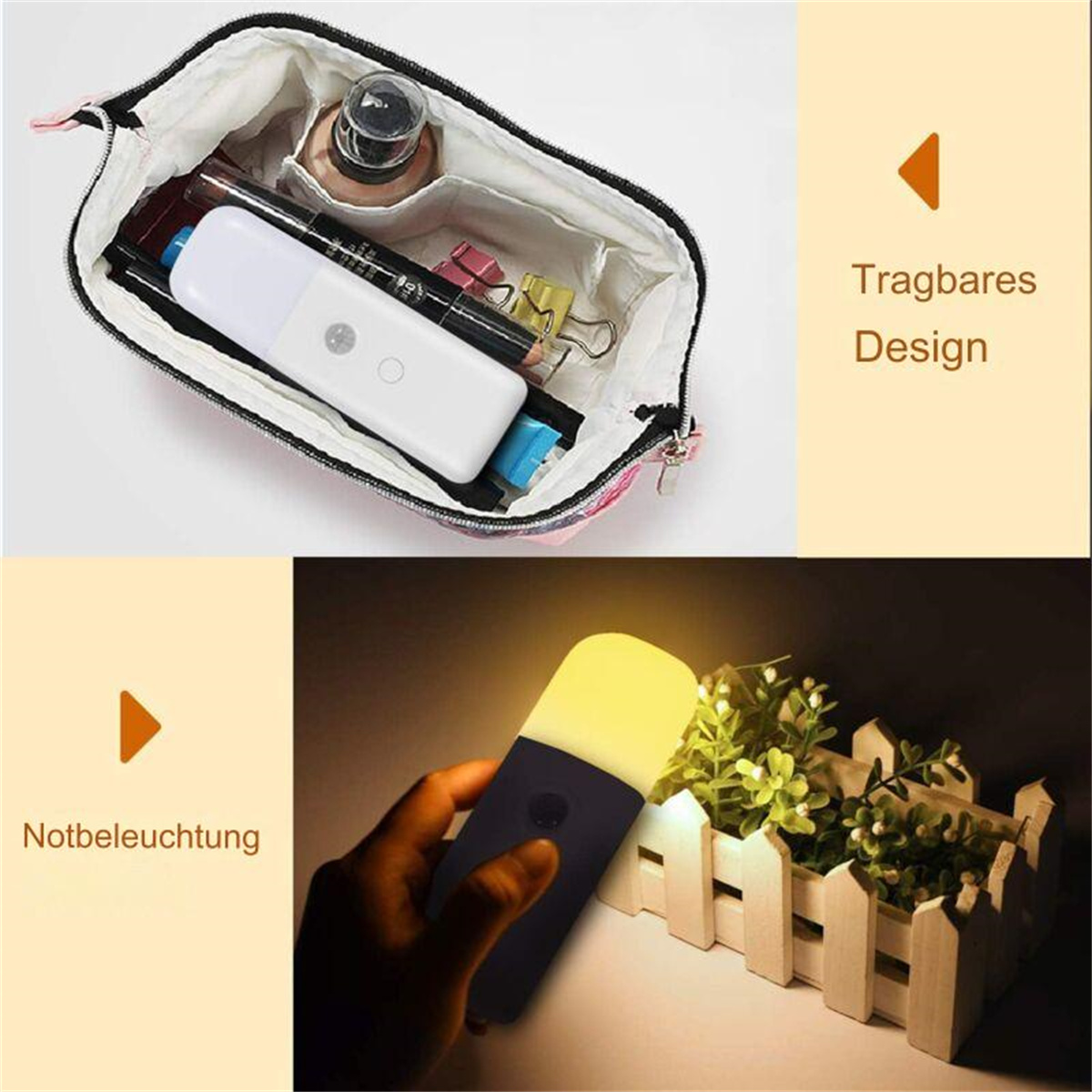 Make-up-Tasche mit Gegenständen, weiße Taschenlampe mit gelbem Licht. Text: Tragbares Design, Notbeleuchtung.