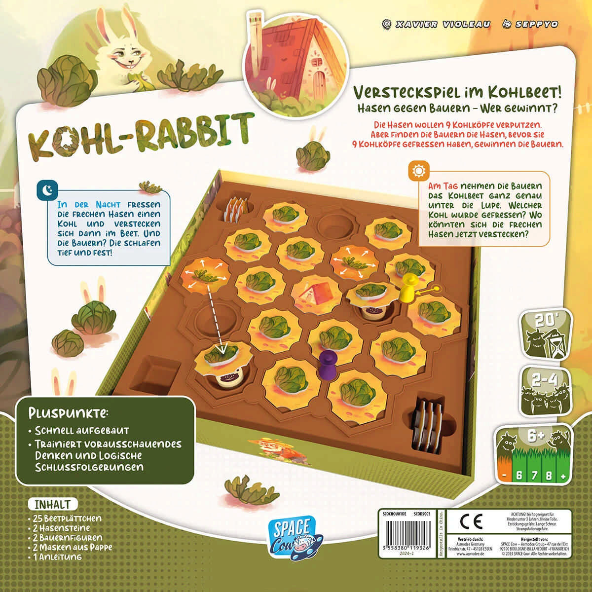 Brettspielbox mit einem Kaninchen auf der Vorderseite. Das Spiel ist Kohl-Rabbit, mit einer Bauernhofszene.