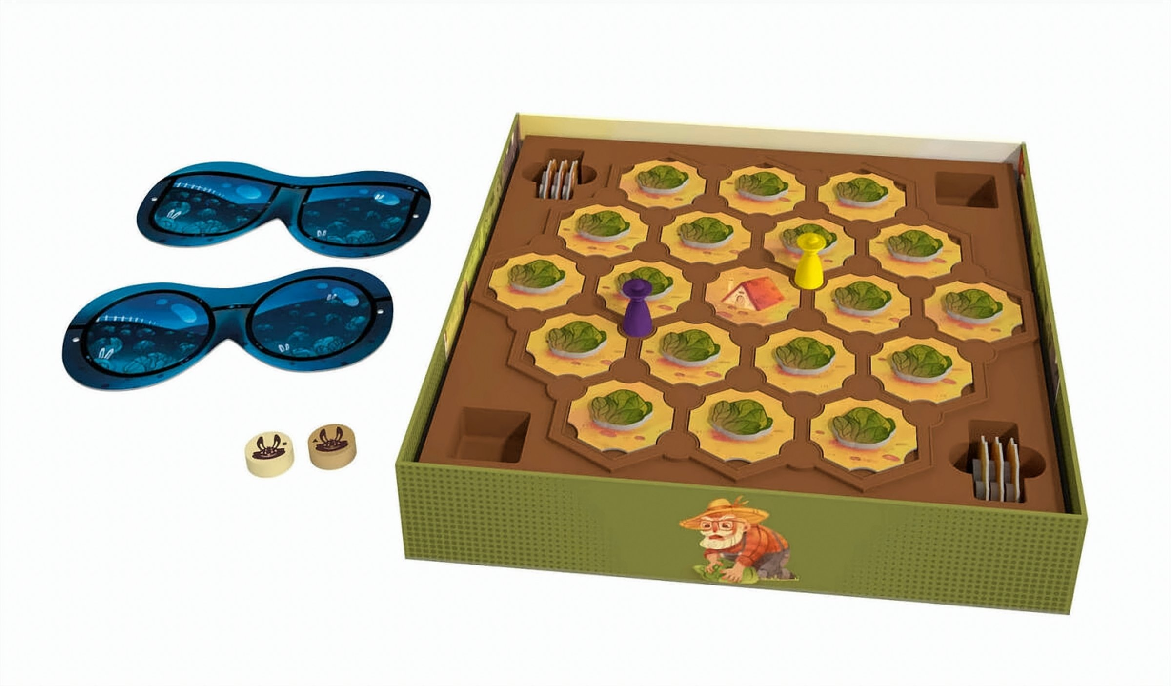 Brettspiel mit Bauernhof-Thema. Enthält Bauerntafeln, Figuren und eine Box mit Bauern-Grafik.