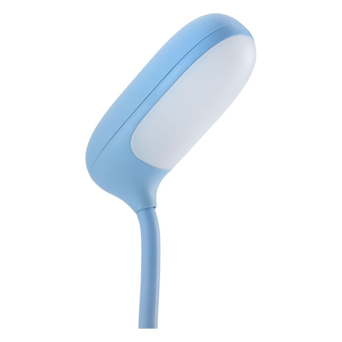 Blaue flexible Schreibtischlampe. Weißes Licht, das von oben emittiert wird. Weißer Hintergrund.