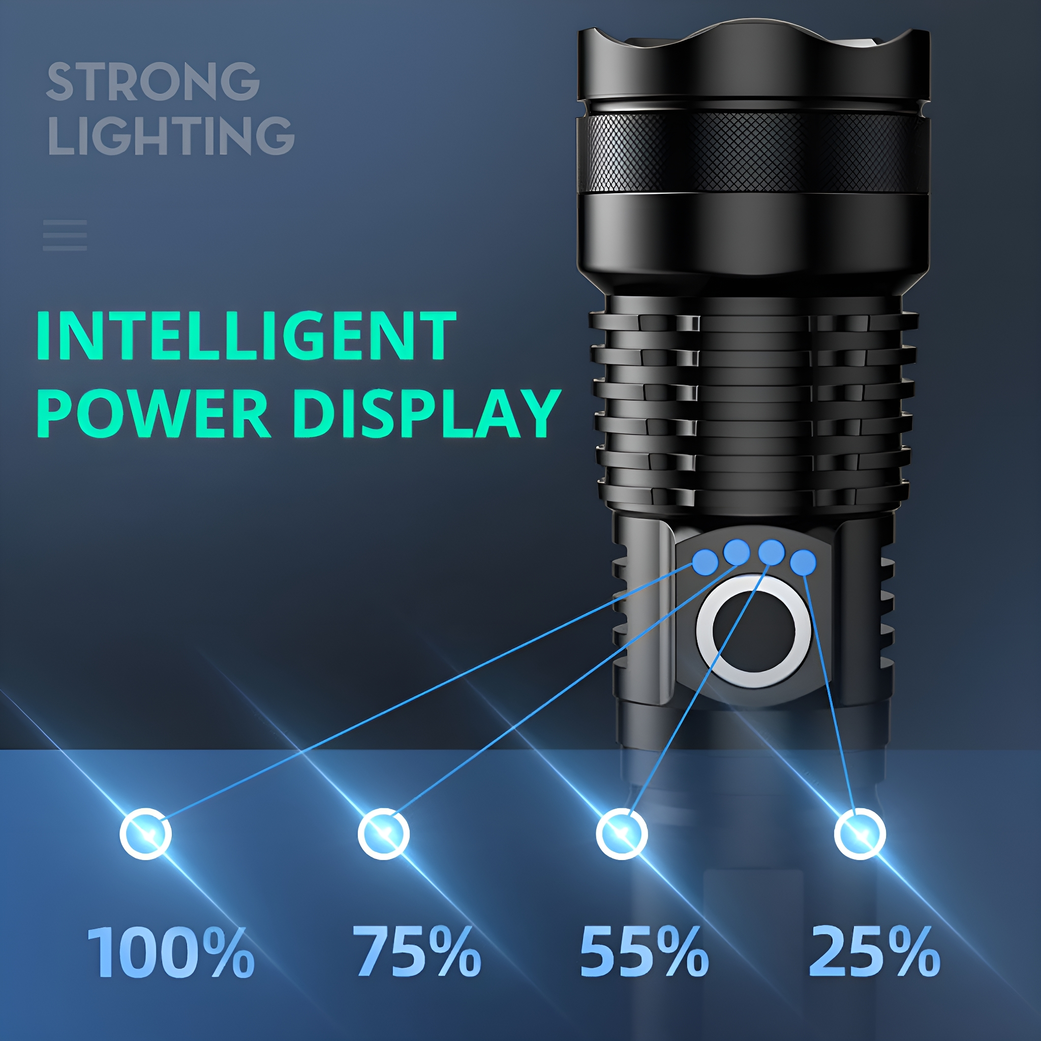 Schwarze Taschenlampe mit Leistungsanzeige, die 100%, 75%, 55% und 25% Batteriestand anzeigt.