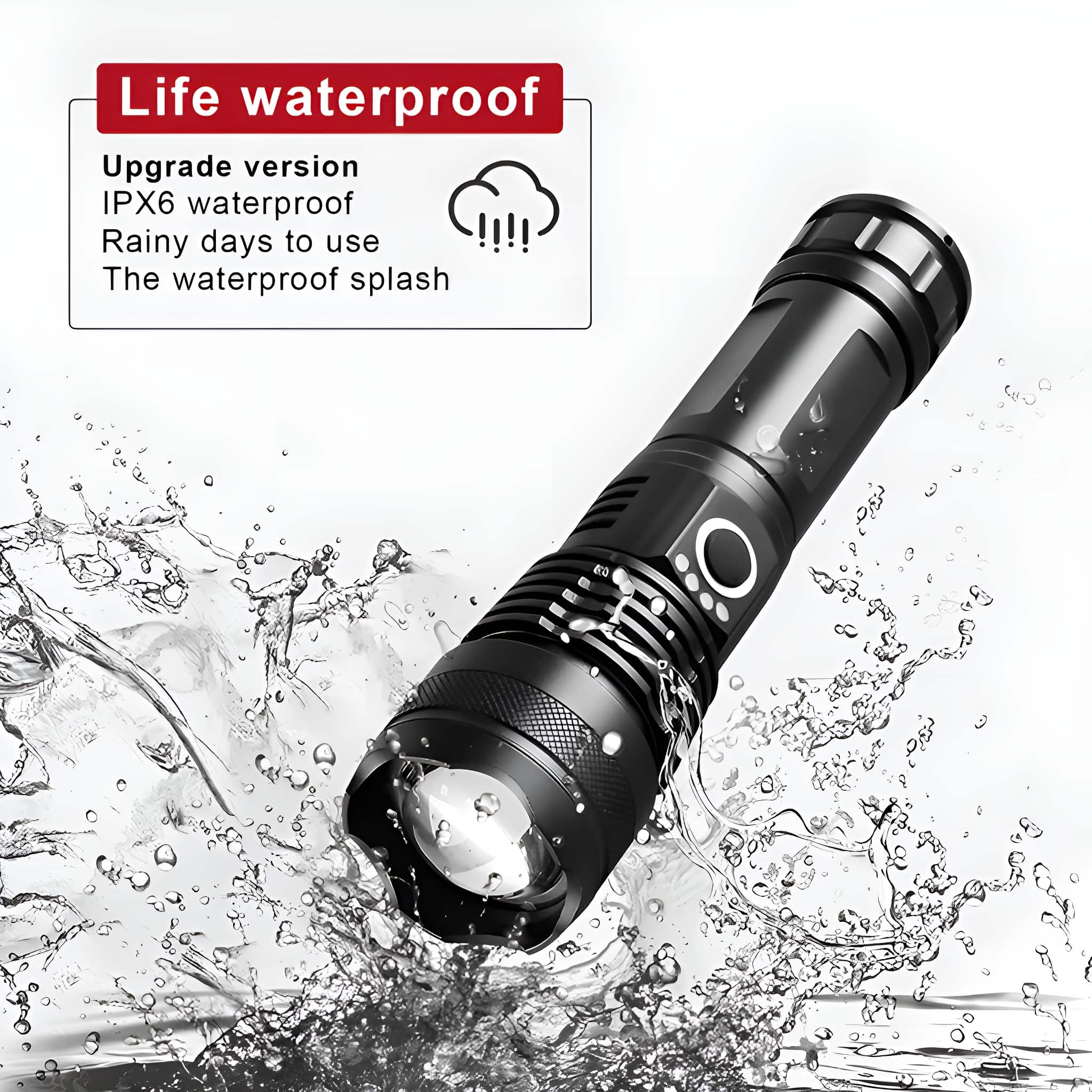 Schwarze Taschenlampe mit Wasserspritzer, mit weißer Textbox 'Life waterproof'.