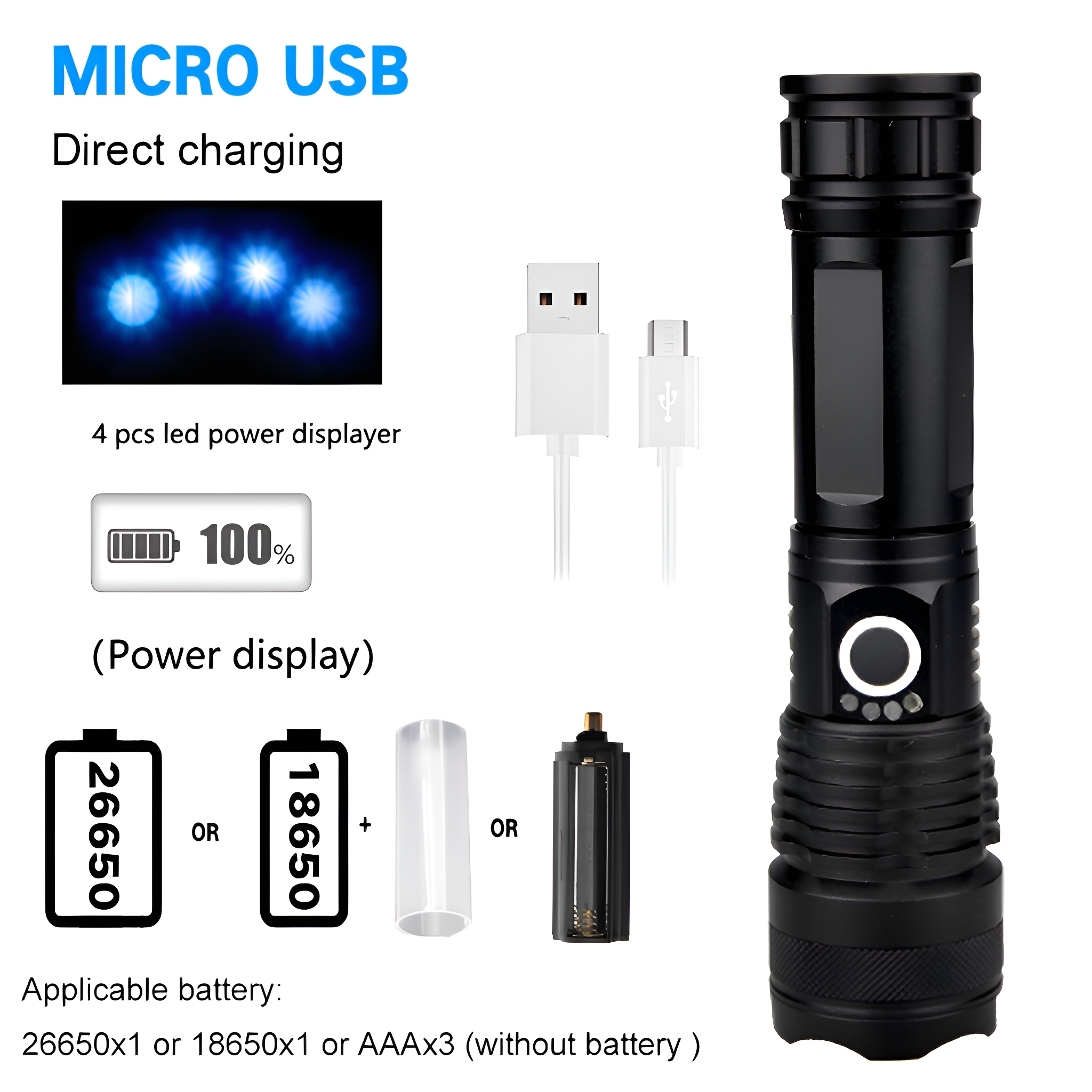 Eine schwarze Taschenlampe mit Leistungsanzeige. Enthält Batterieoptionen und ein Ladekabel. Die Taschenlampe liegt auf Weiß.