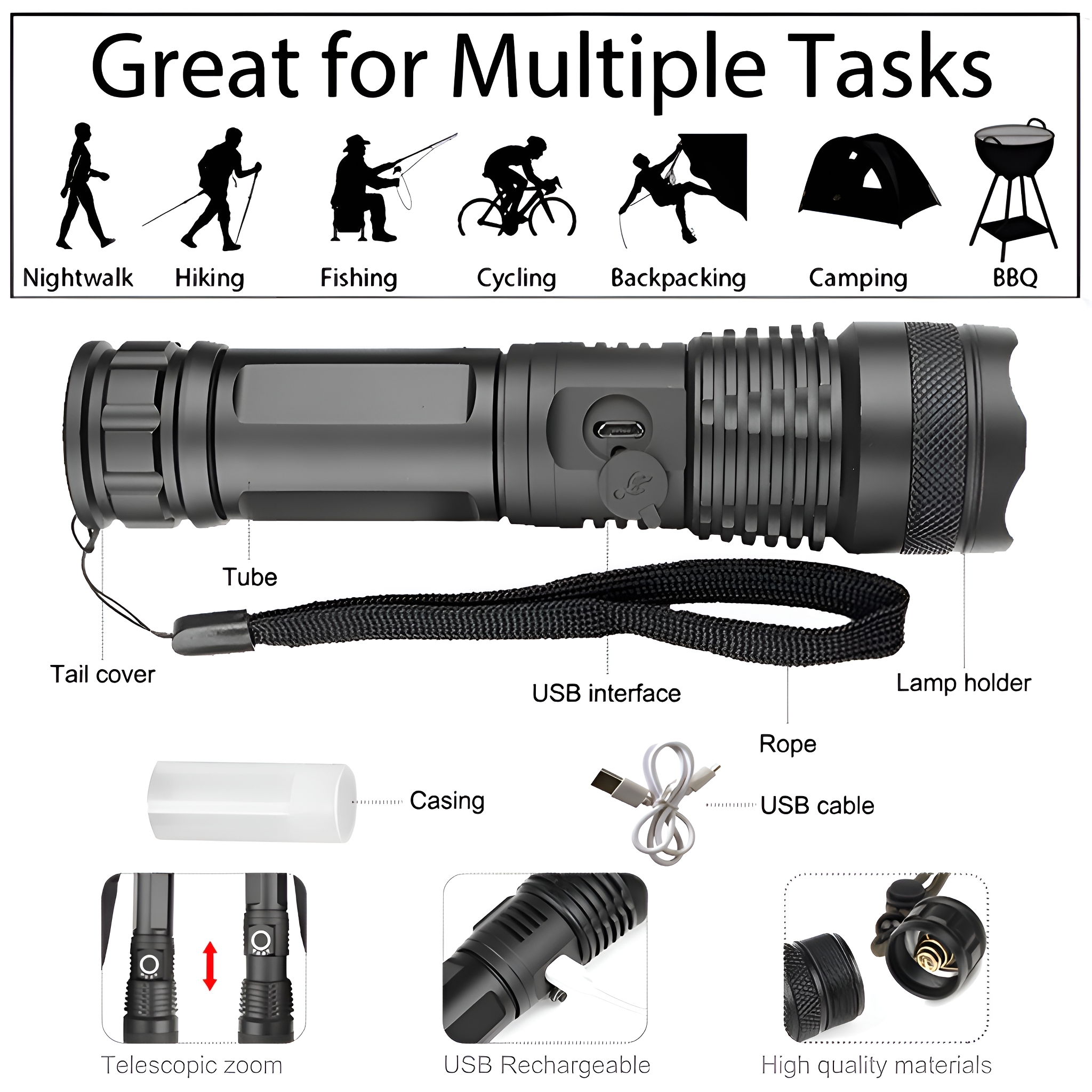 Eine schwarze Taschenlampe mit beschrifteten Teilen. Sie hat eine USB-Schnittstelle und Zoom. Symbole zeigen Aktivitäten, für die sie sich eignet.