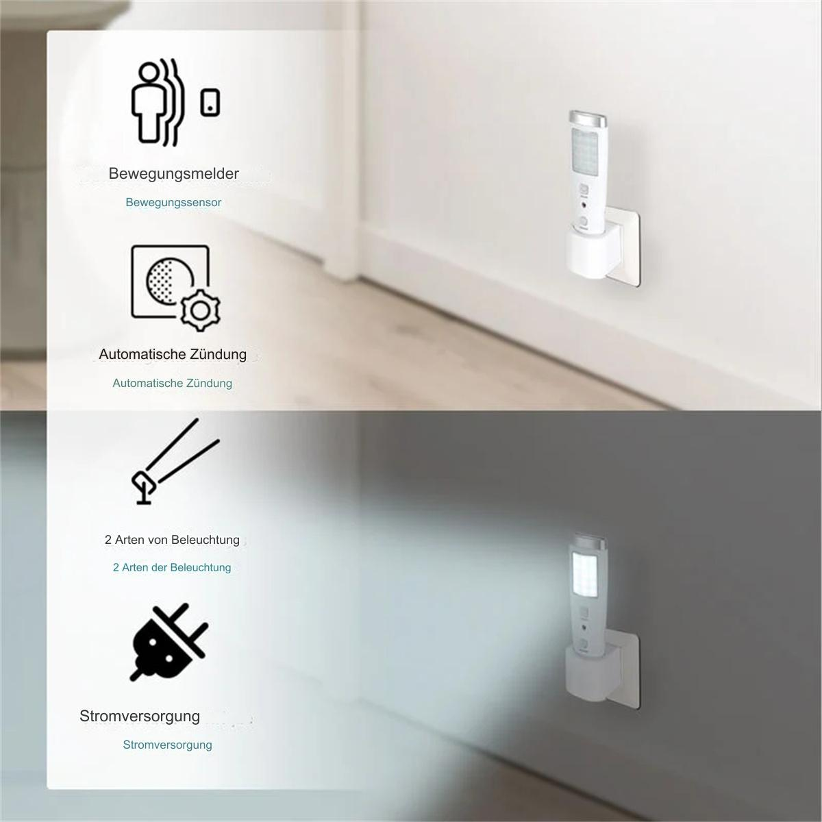 Bewegungsmelder-Leuchte, die in eine Wand gesteckt wird. Symbole beschreiben Funktionen. Helles Licht und Nachtmodus.