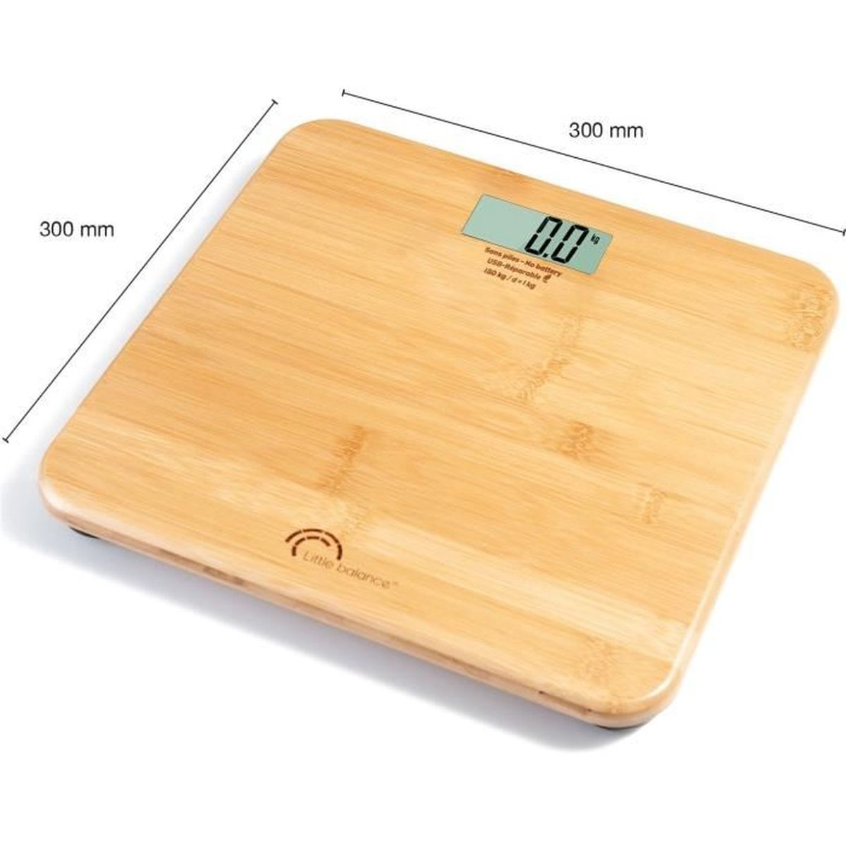 Eine Badezimmerwaage aus Holz mit Digitalanzeige, Maße sichtbar.