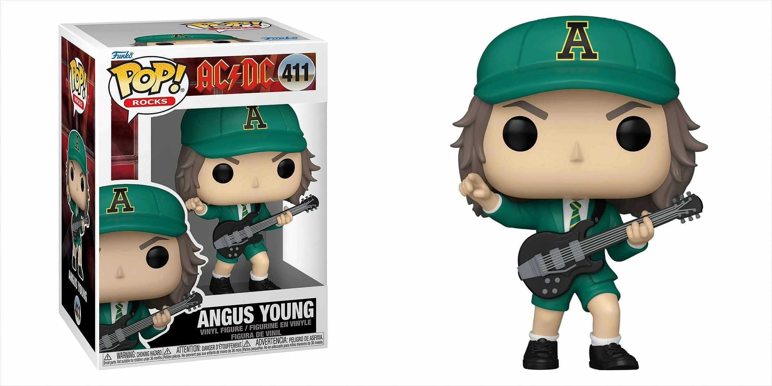 Figura de Funko Pop! de Angus Young en una caja. Viste uniforme escolar y tiene una guitarra.