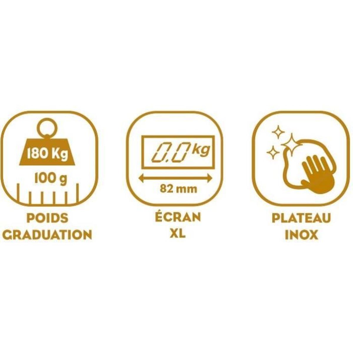 Trzy ikony z tekstem, mierzące wagę i wymiary: 180 kg, 0,0 kg i 82 mm, plus dłoń wycierająca.