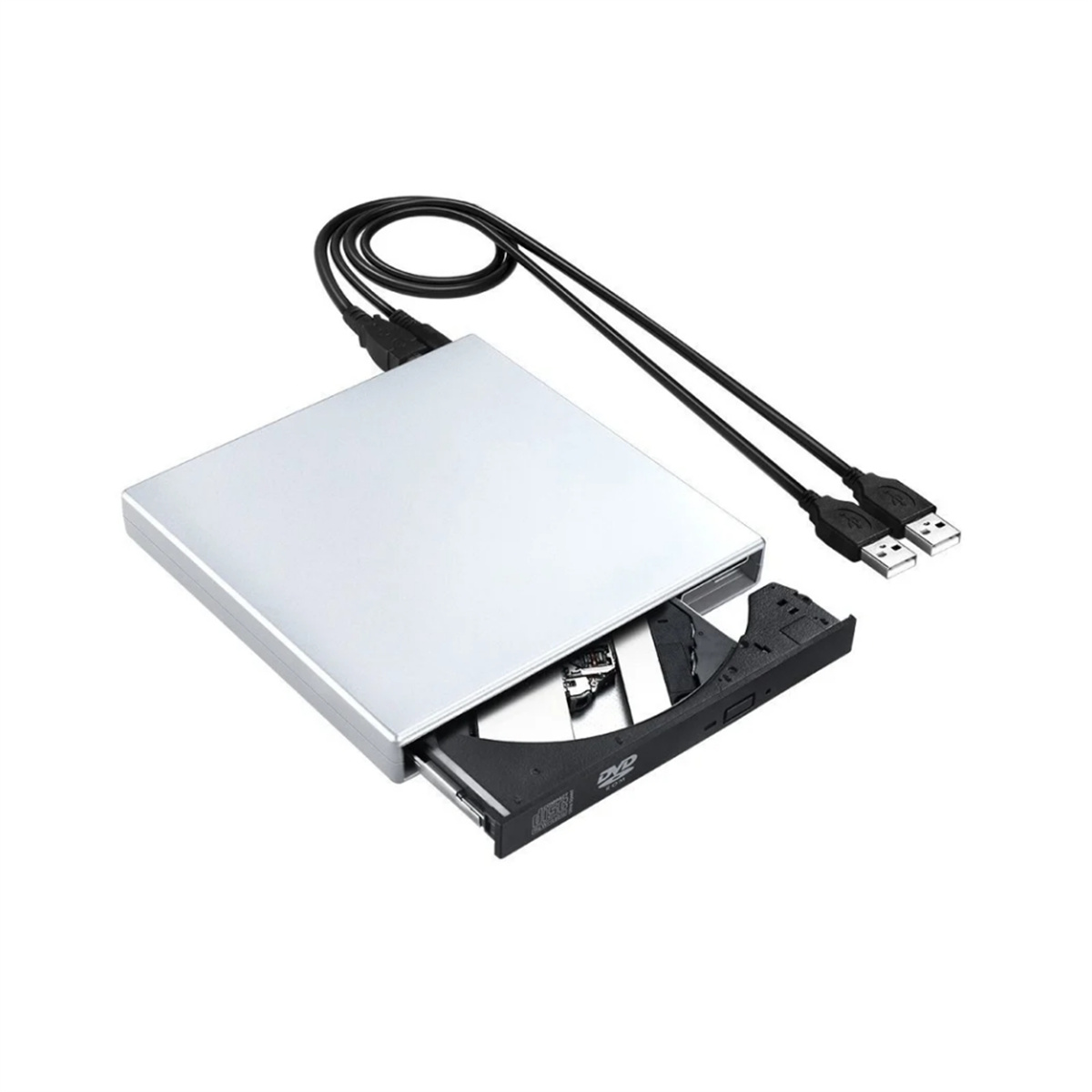 Silbernes externes DVD-Laufwerk, offen, mit DVD und USB-Kabeln.
