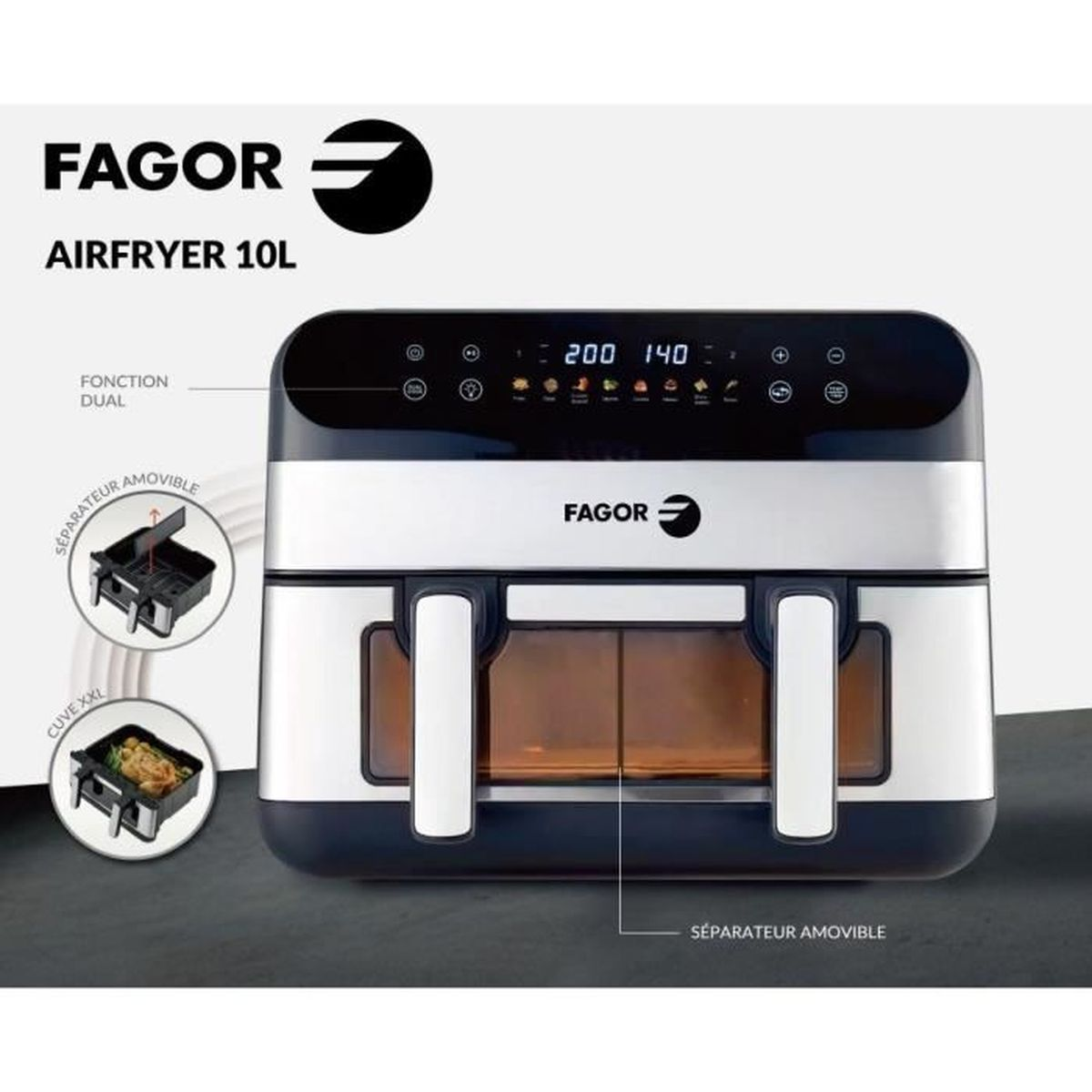 Friggitrice ad aria Fagor con doppio cassetto, display digitale e divisorio rimovibile.