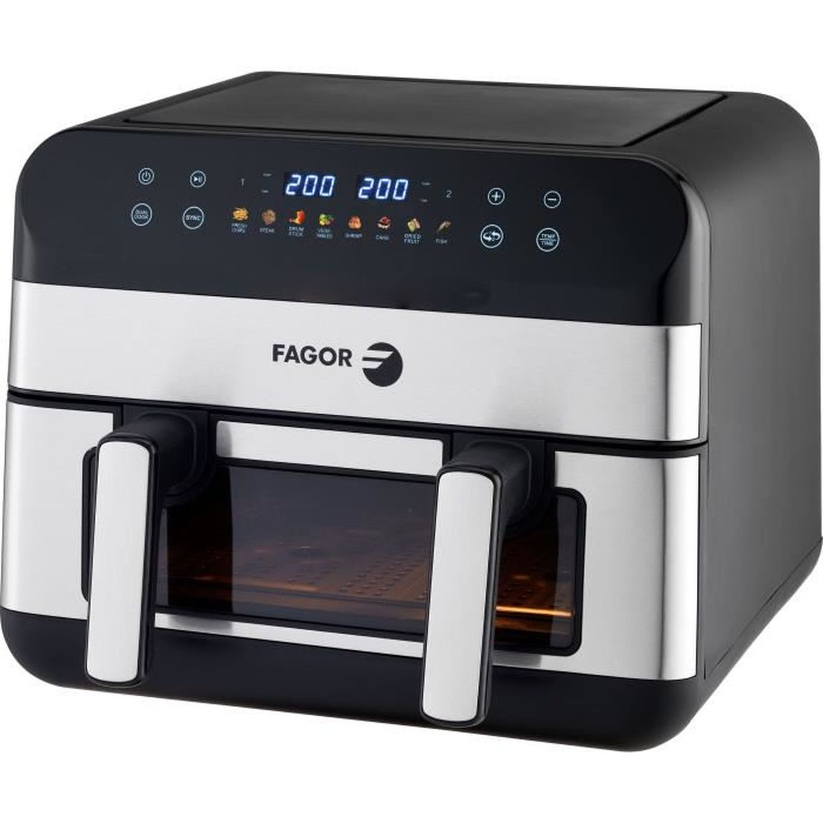 Una friggitrice ad aria Fagor nera a doppio cestello con display digitale.