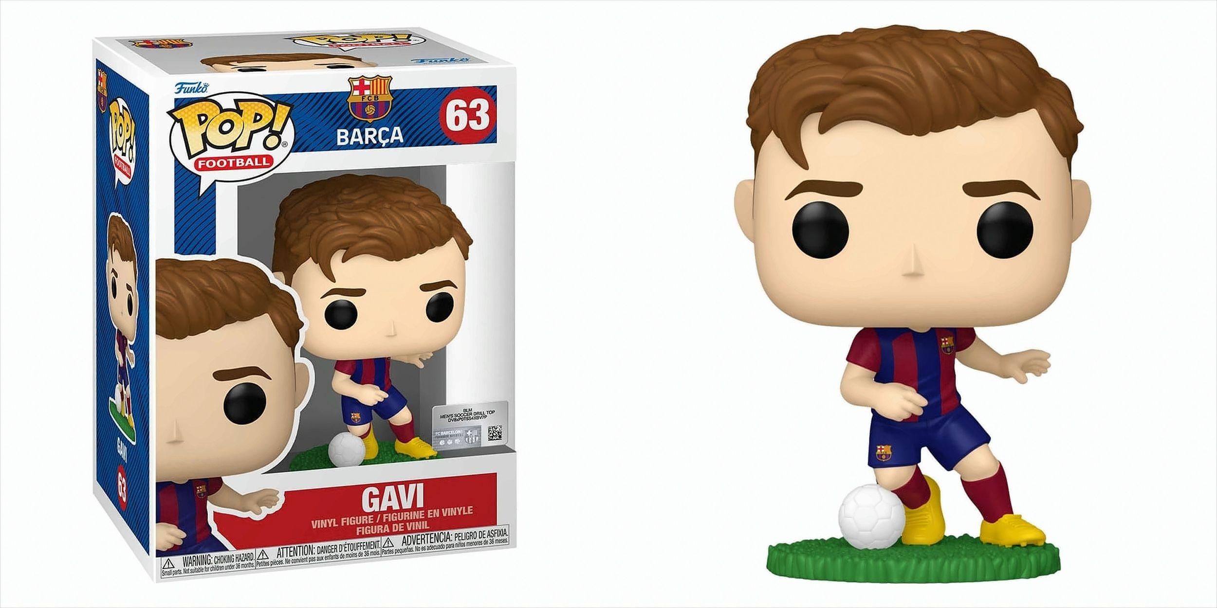 Figura Funko Pop di Gavi con divisa del Barcellona, scatola presente. Sfondo bianco.