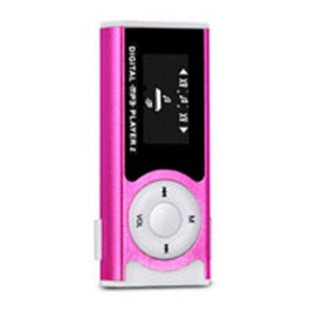 Rosa digitaler MP3-Player mit Bildschirm und Bedienelementen. Weißer Hintergrund.